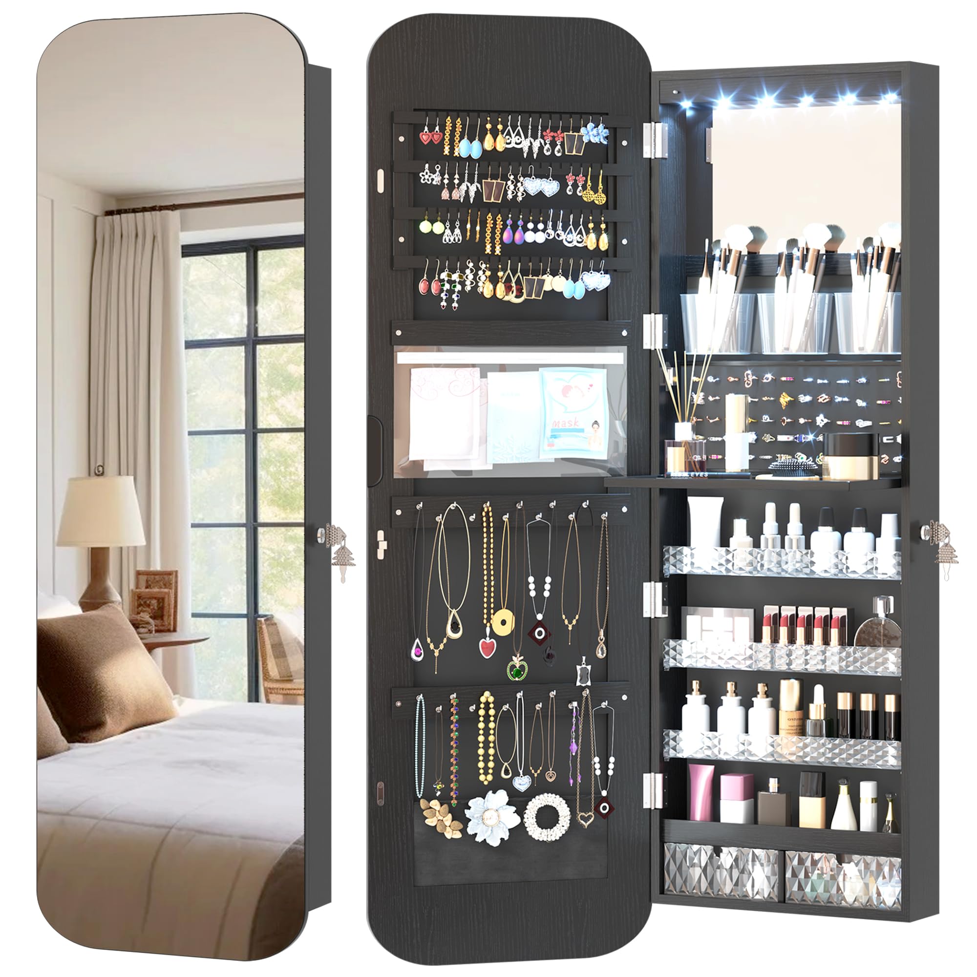 Vlsrka Vlsrka Oval Armario Joyero con Luz, LED Armario Espejo Joyero de pared, Espejo joyero de puerta con Cerradura, Armario Espejo colgante Con 3 luces colores, Ovalado Espejo joyero, Regalo Mujere, Negro