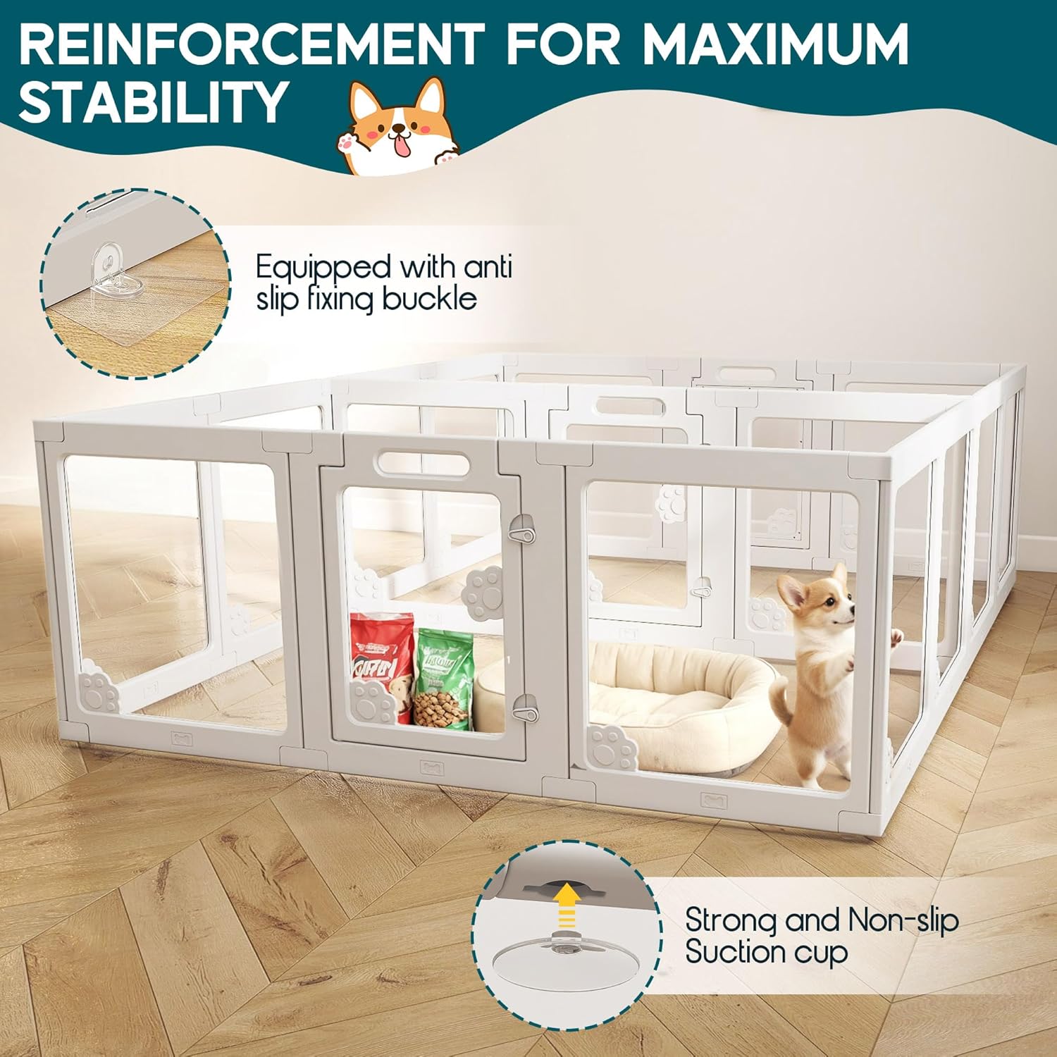 Albott Acrylic Clear Dog Playpen Indoor, Modular Puppy Cat Small Pet Play Pen with 3 Doors, Transparent Fence for Little Dogs, Cats, Rabbits, Easy Assemble and Disassemble, White (24" H, 17 pcs)