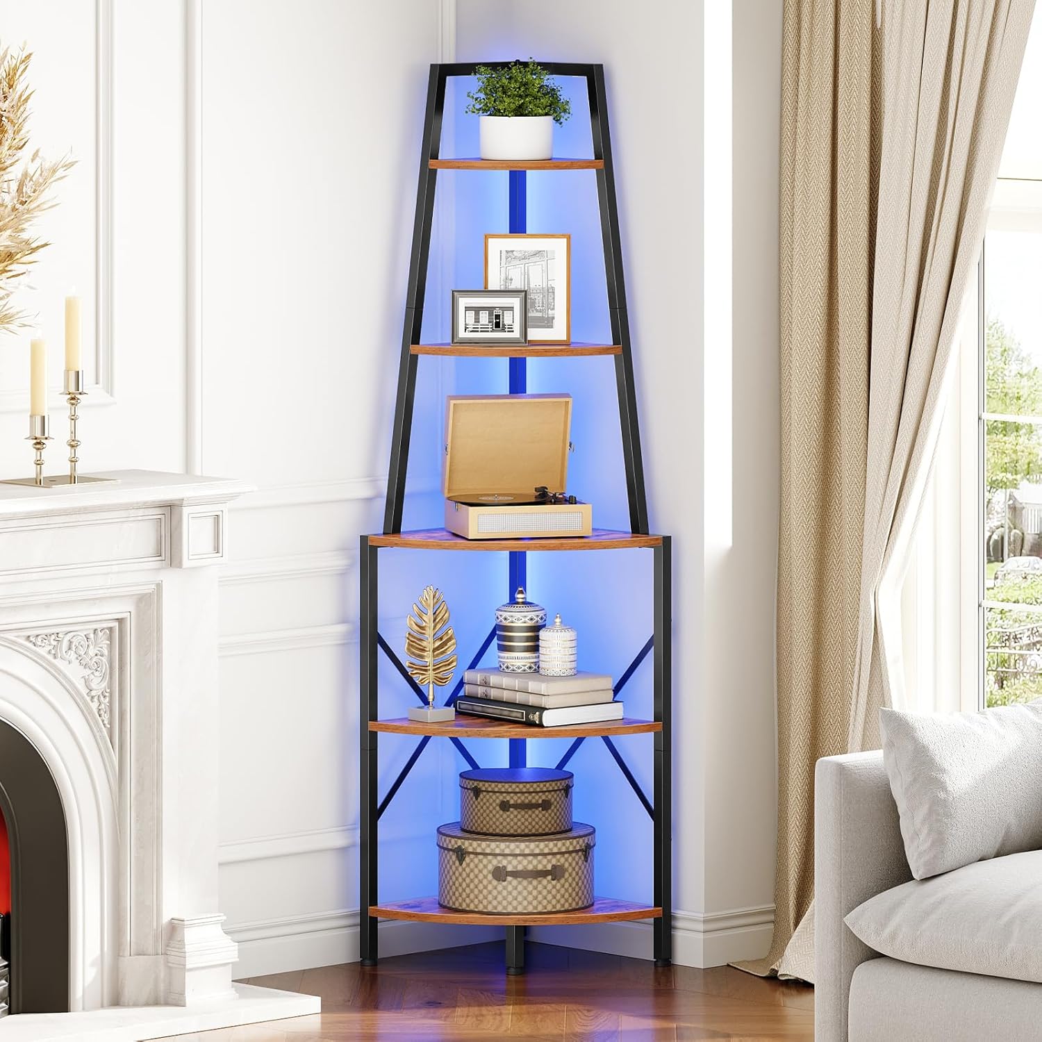 HOOBRO 5-Tier Corner Shelf with Lights, 67.9” Tall Corner Shelf Stand, Industrial Corner Bookshelf, Corner Plant Stand Display Shelf, for Living Room, Kitchen, Home Office, Rustic Brown BF120DCJ01