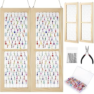 Leinuosen Chicken Wire Wood Frame Suncatcher with 800 Pcs Glass Beads Unfinished Wooden Window Frame for Photos Jewelry Making Crafting Project (2 Pack,Outer 6 x 16 in, Interior 4.3 x 14 in)