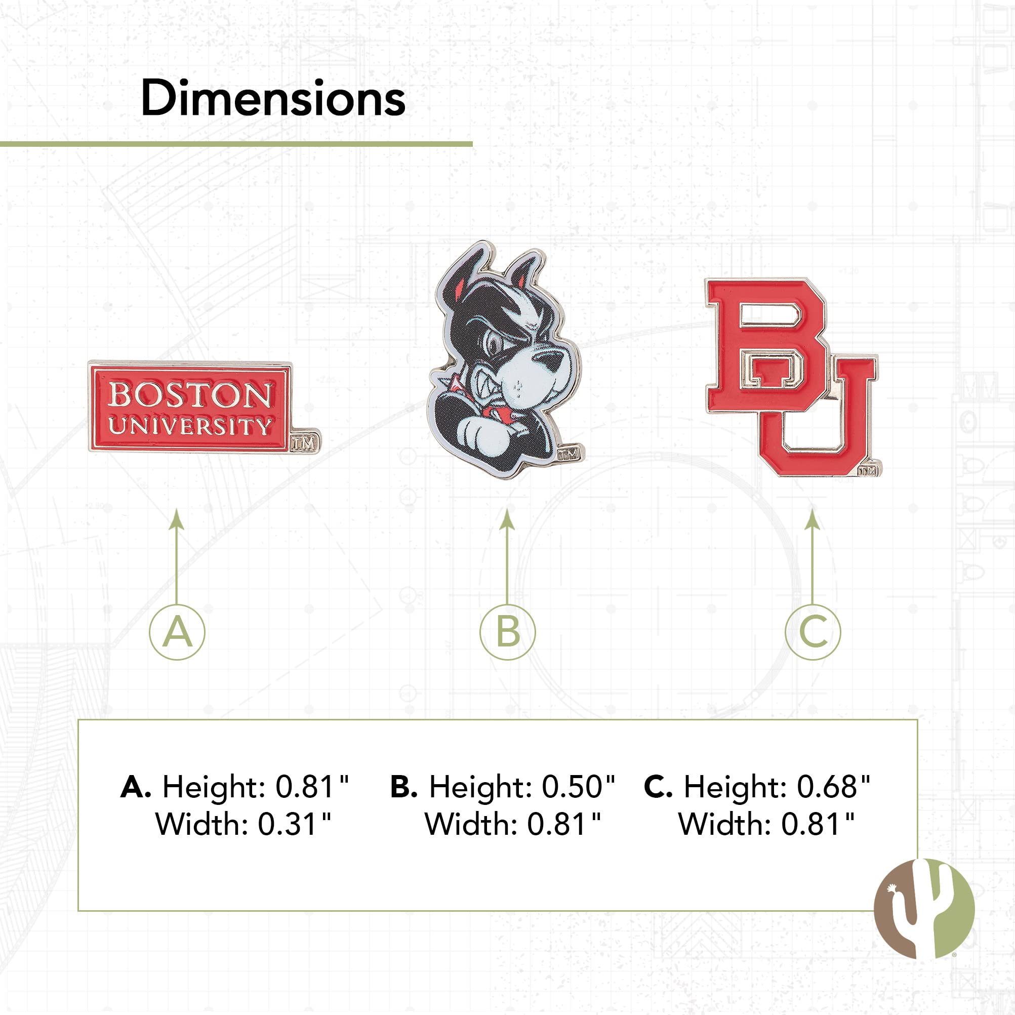Desert Cactus Boston University Lapel Pins 3 Pack Terriers BU Logo Enamel Made of Metal (Pin Set)