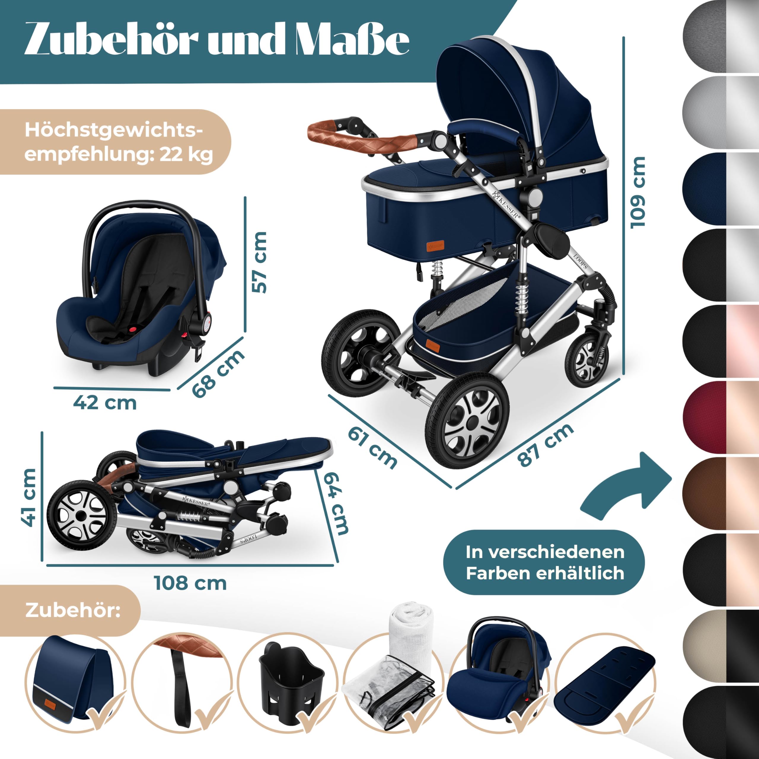 KESSER Ensemble poussette combinée 4 en 1 nacelle siège pneus caoutchouc plein ECE R129 Bleu Argent