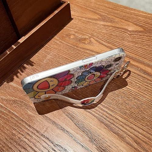 Miniatura 3 de Funda para iPhone 15 Plus con correa para la muñeca, atril con purpurina brillante de dibujos animados IMD de silicona TPU a prueba de golpes para