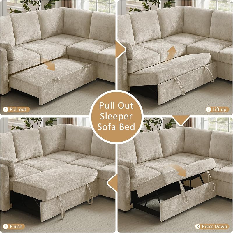Arcrinte 7 Seater 112'' Sectional Sleeper Sofa with Storage, Chenille Camel image 5