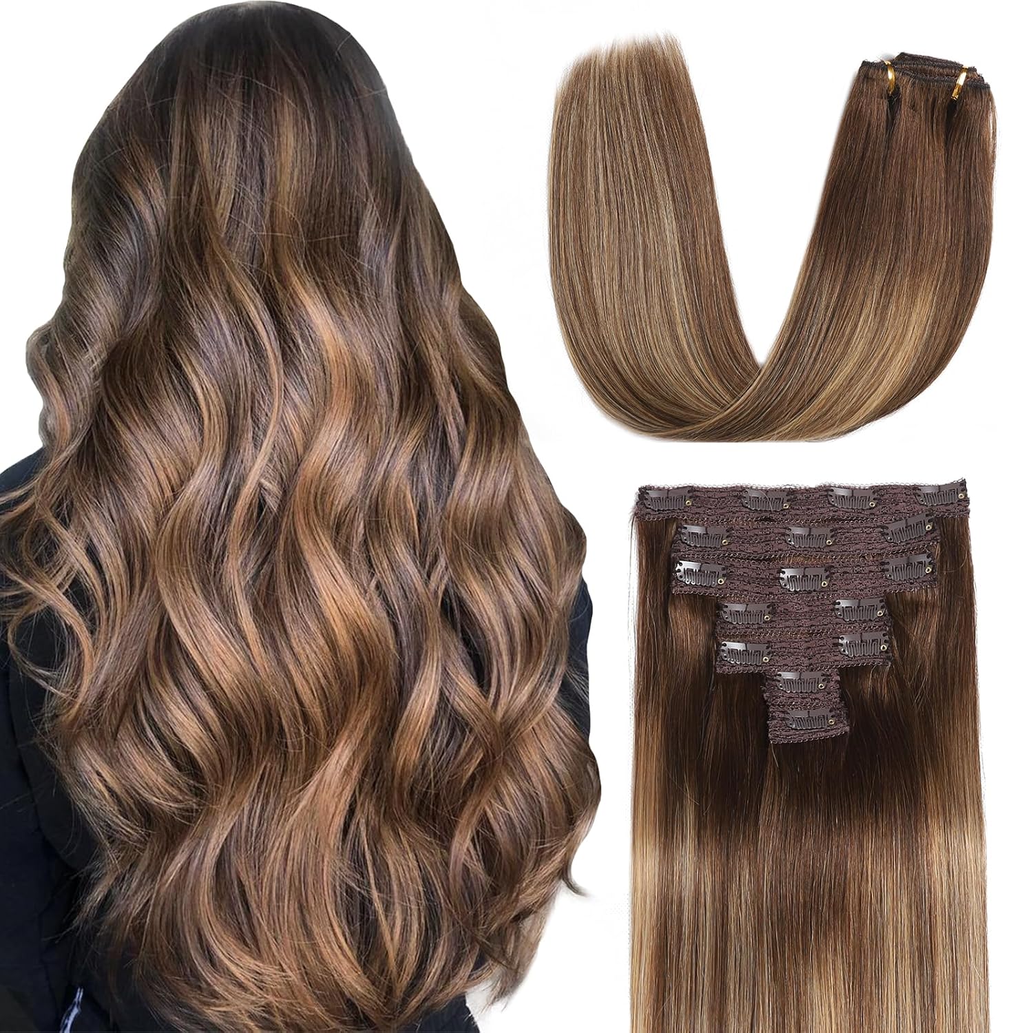 Sisily Clip in Hair Extensions Real Human Hair, Premium Human Hair Clip in Extensions Chocolate Brown to Blonde Balayage, Soft Straight Hair Extensions Real Human Hair Clip ins 7PCS （20 Inch）
