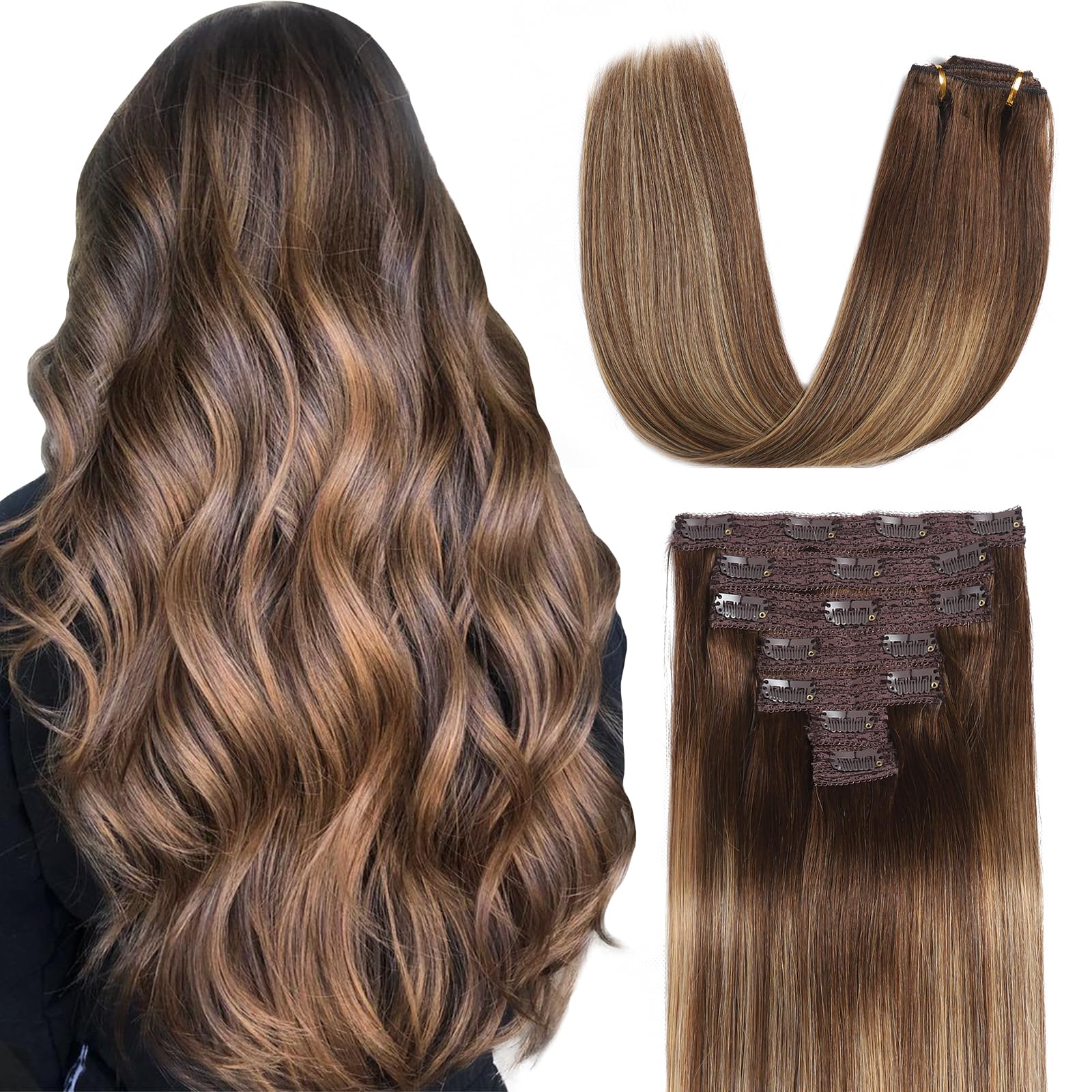 Sisily Clip in Hair Extensions Real Human Hair, 22 inch 120g, Chocolate Brown to Blonde Balayage, 100% Brazilian Remy Human Hair Clip in Extensions