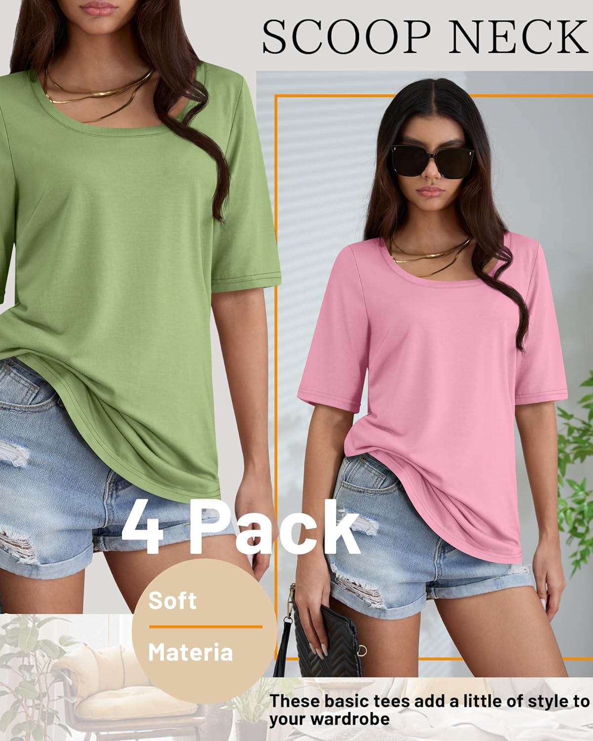 Neer 4 Pack Women’s Half Sleeve T-Shirts Elbow Length Tops Women Scoop Neck Loose Basic Tee Summer Casual Blouses - Image 7