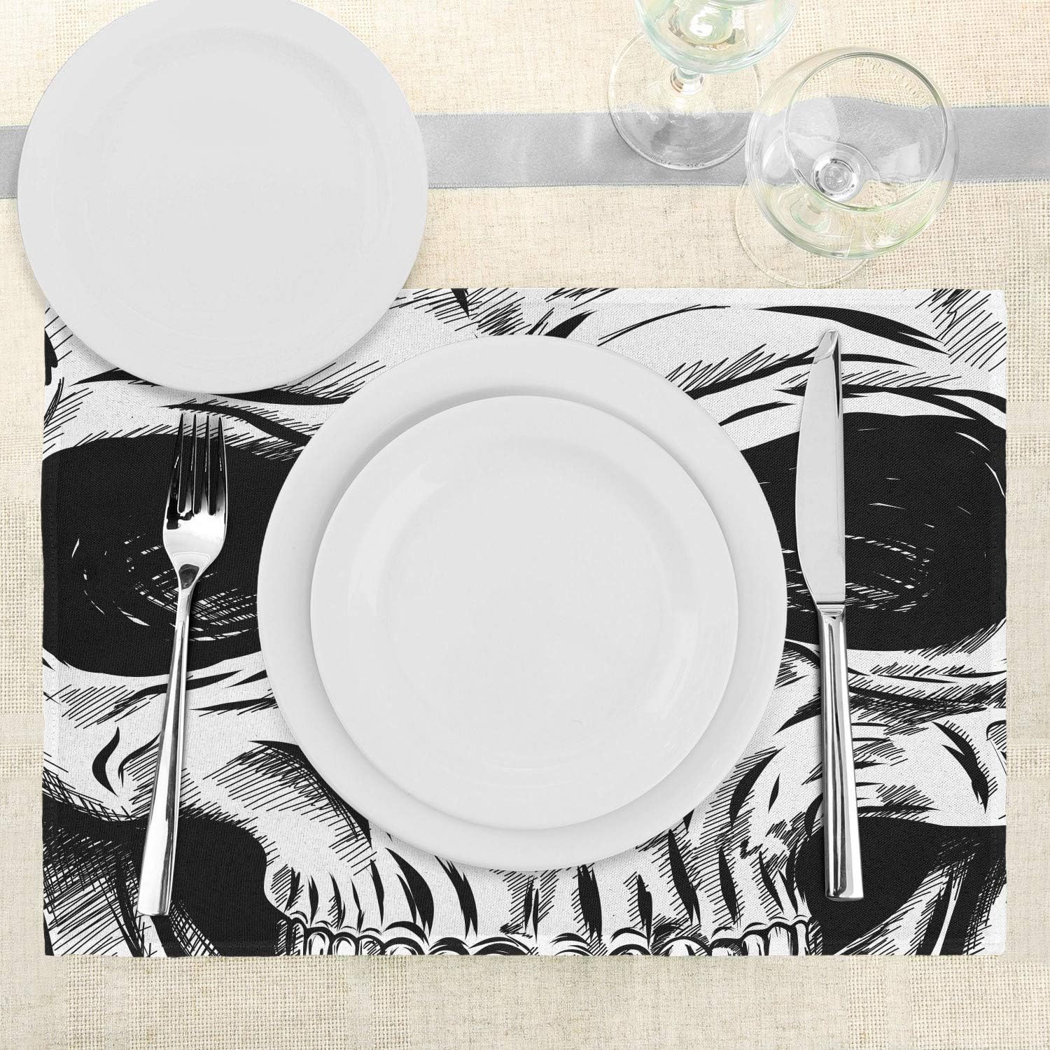 Ambesonne Halloween Place Mats Set of 4, Gothic Dead Skull Face Close up Sketch Evil Anatomy Skeleton Illustration, Washable Fabric Placemats for Dining Table, Standard Size, Black and White