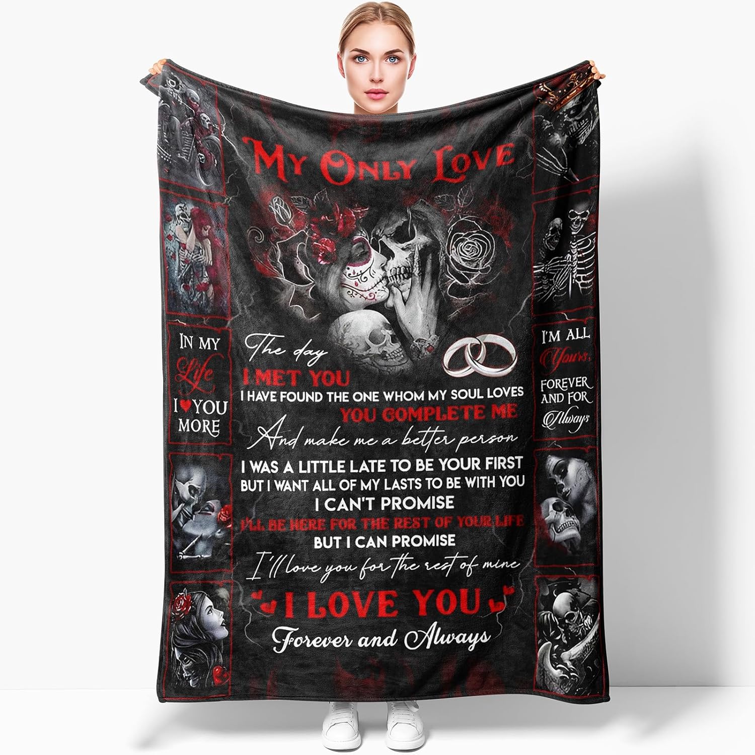 Gothic Romance Sugar Skull Love Blanket - Day of The Dead Couple Kissing Design with Skeleton Motorcycle & Rose Motifs - Dark Red Gothic Decor Throw for Bedroom, Couch 50x40inch