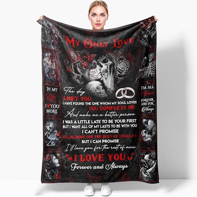Gothic Romance Sugar Skull Love Blanket - Day of The Dead Couple Kissing Design with Skeleton Motorcycle & Rose Motifs - Dark Red Gothic Decor Throw for Bedroom, Couch 50x40inch