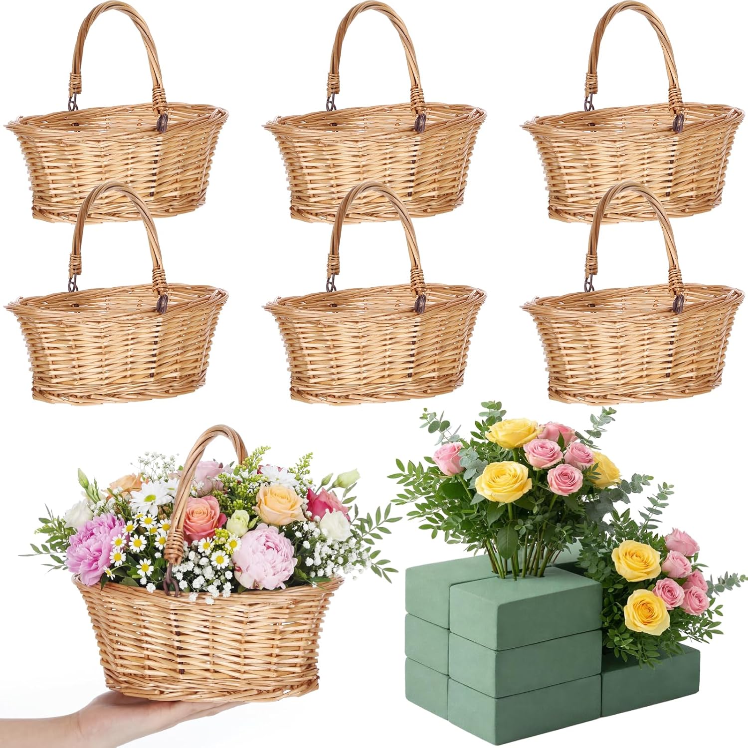 Barydat 6 Pcs Small Wicker Picnic Basket with Handle 12 Pack Floral Foam Blocks for Flower Arrangements, Flower Girl Baskets Oval Willow Woven Braided Gift Basket for Wedding Baby Shower(Khaki)