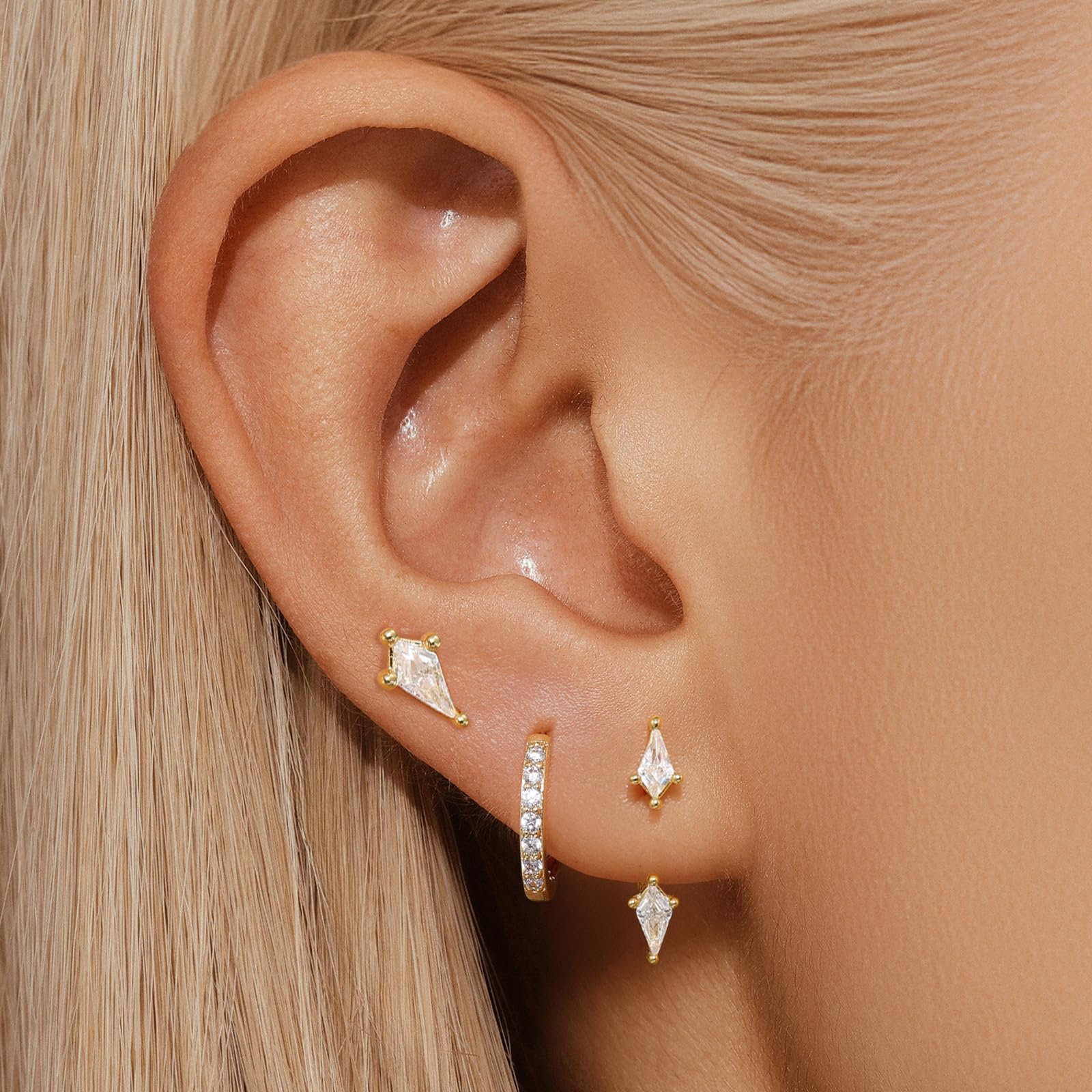 Aretes tipo dormilona para mujer, juegos de aretes para múltiples piercings, juego de 3 pares de aretes delicados para mujer, Latón, No es una piedra preciosa 2