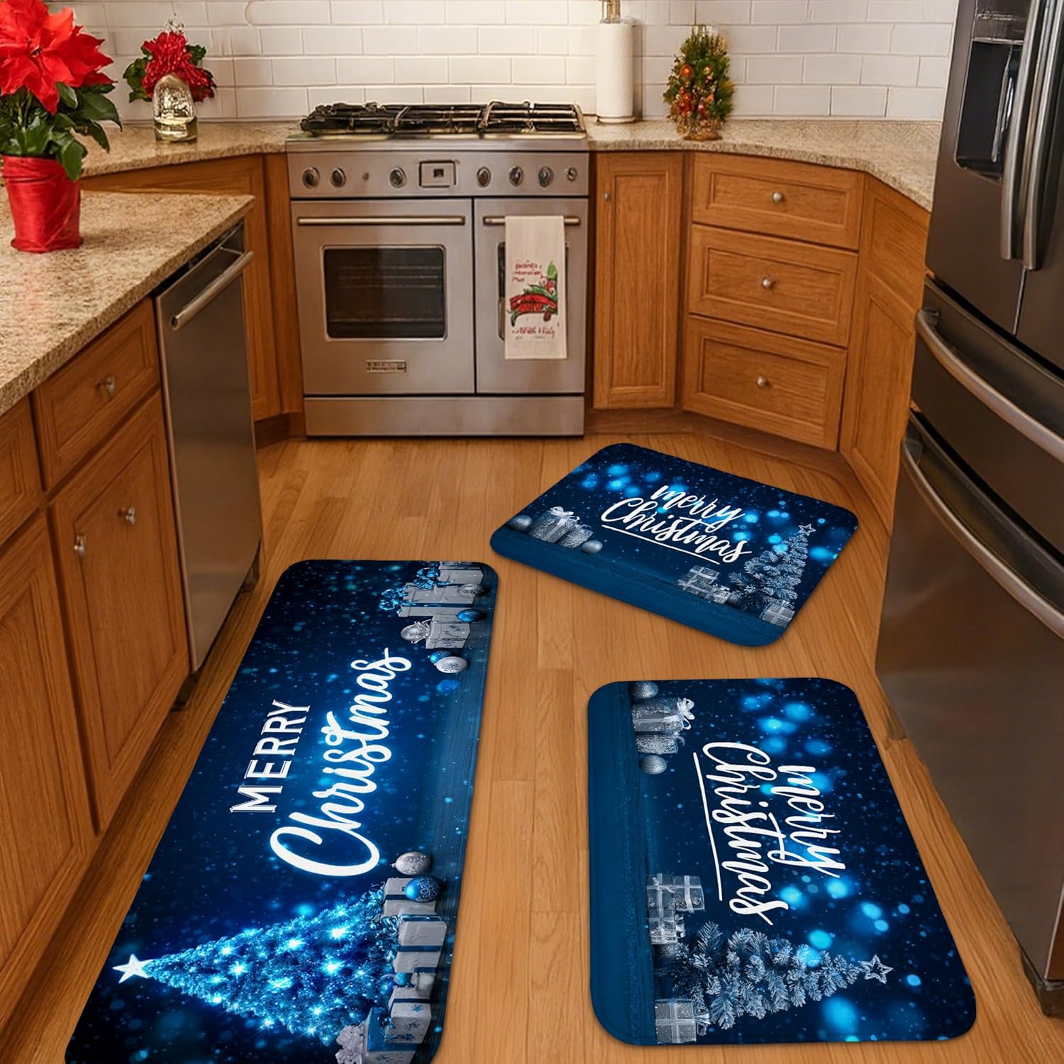 Christmas Kitchen Mats for Floor, Blue Snowflakes Xmas Soft Mats, Cushioned Comfort Washable Non Slip Decor Rugs for Kitchen Sinks Laundryroom Bathroom 3pcs