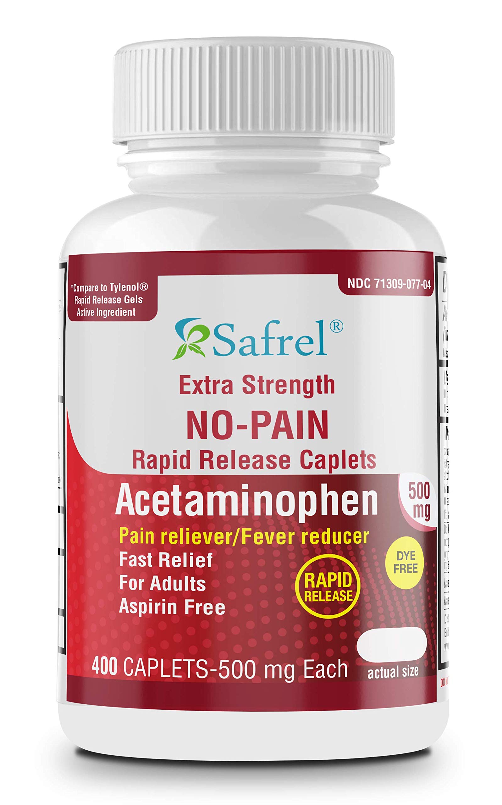 Safrel Extra Strength No-Pain Rapid Release Acetaminophen Caplets 500 mg, Pain Reliever and Fever Reducer, Dye Free, 400 Count