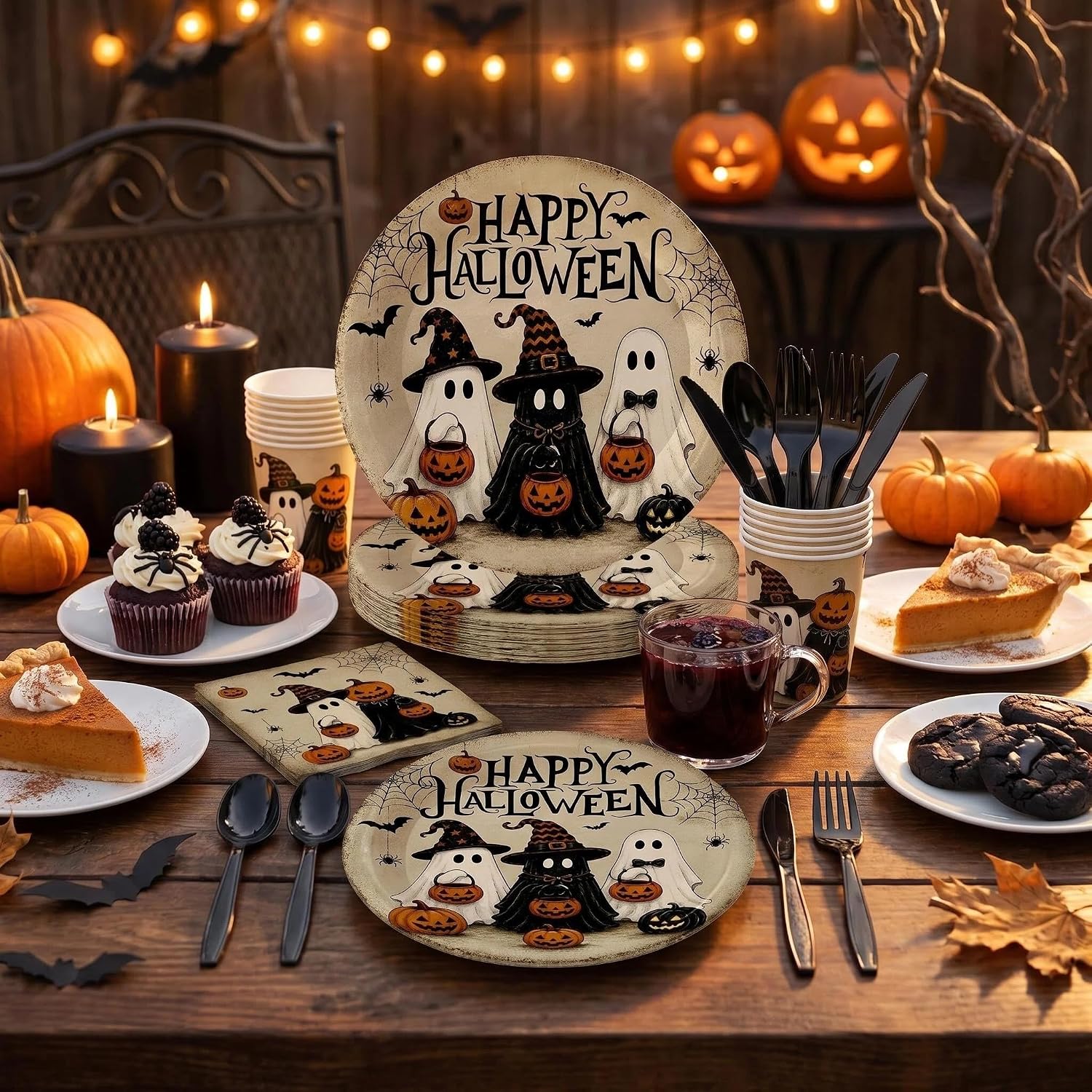 140Pcs Vintage Halloween Party Supplies Tableware Set Happy Halloween Plates and Napkins Cute Ghost Pumpkin Paper Plates Halloween Birthday Dinnerware, Serves 20 Guest image 5