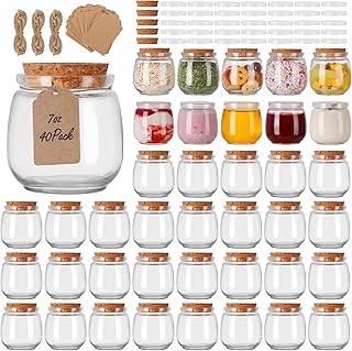 Mini Yogurt Jars 40 Pack, 7 oz Glass Favor Jar with Cork Lid, Pudding Ja...