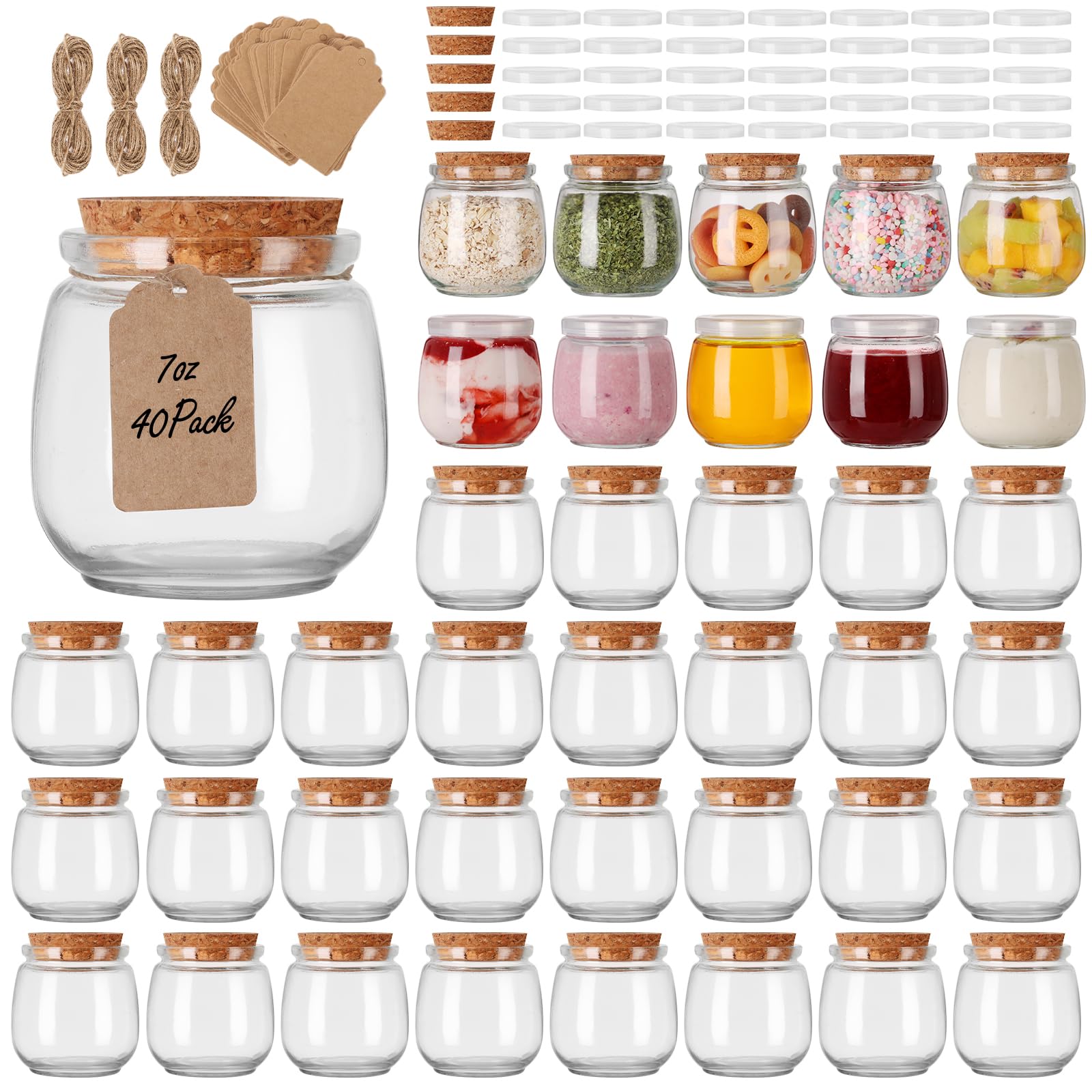 Homerove Mini Yogurt Jars 40 Pack, 7 oz Glass Favor Jar with Cork Lid, Pudding Jars with PE Lids, Perfect Containers for Jam, Oatmeal, Honey or Jello