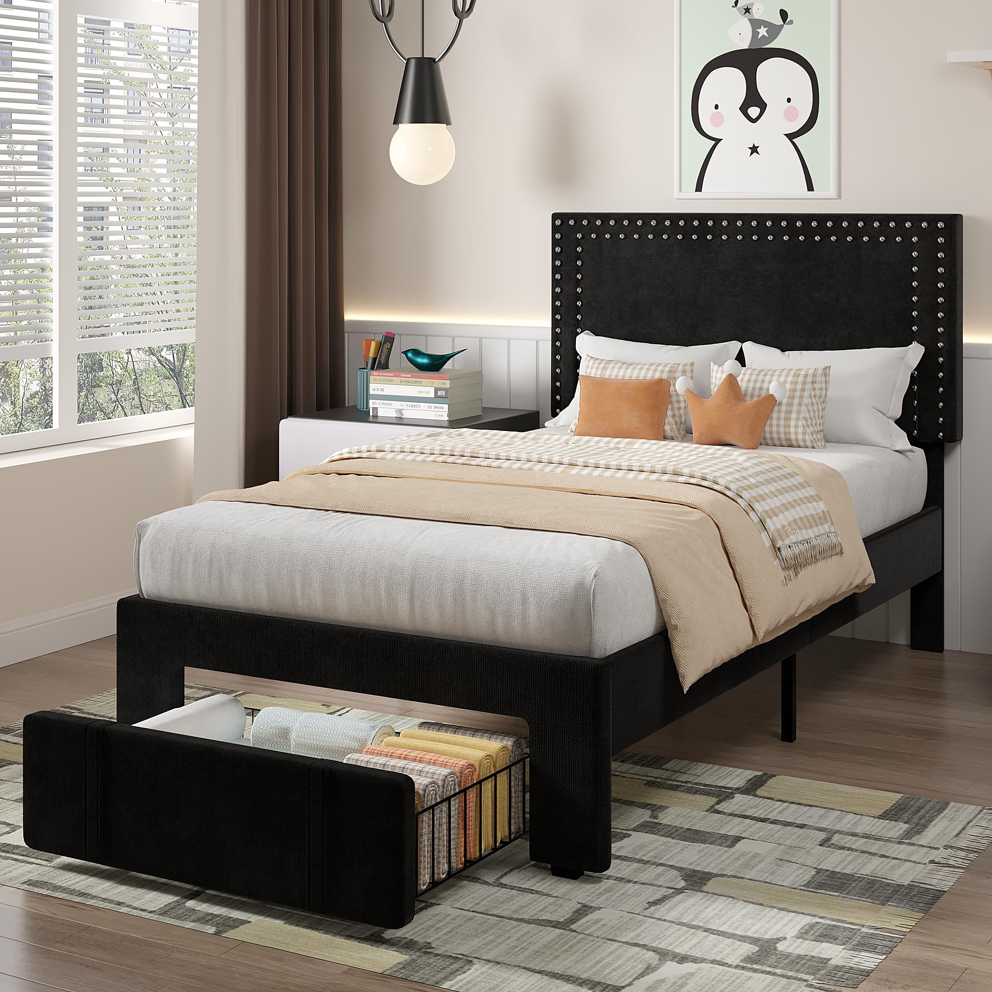 VECELO Twin Size Upholstered Bed Frame with Storage Drawer, Adjustable Velvet Rivet Decor Headboard, Wooden Slats Platform Support, No Box Spring