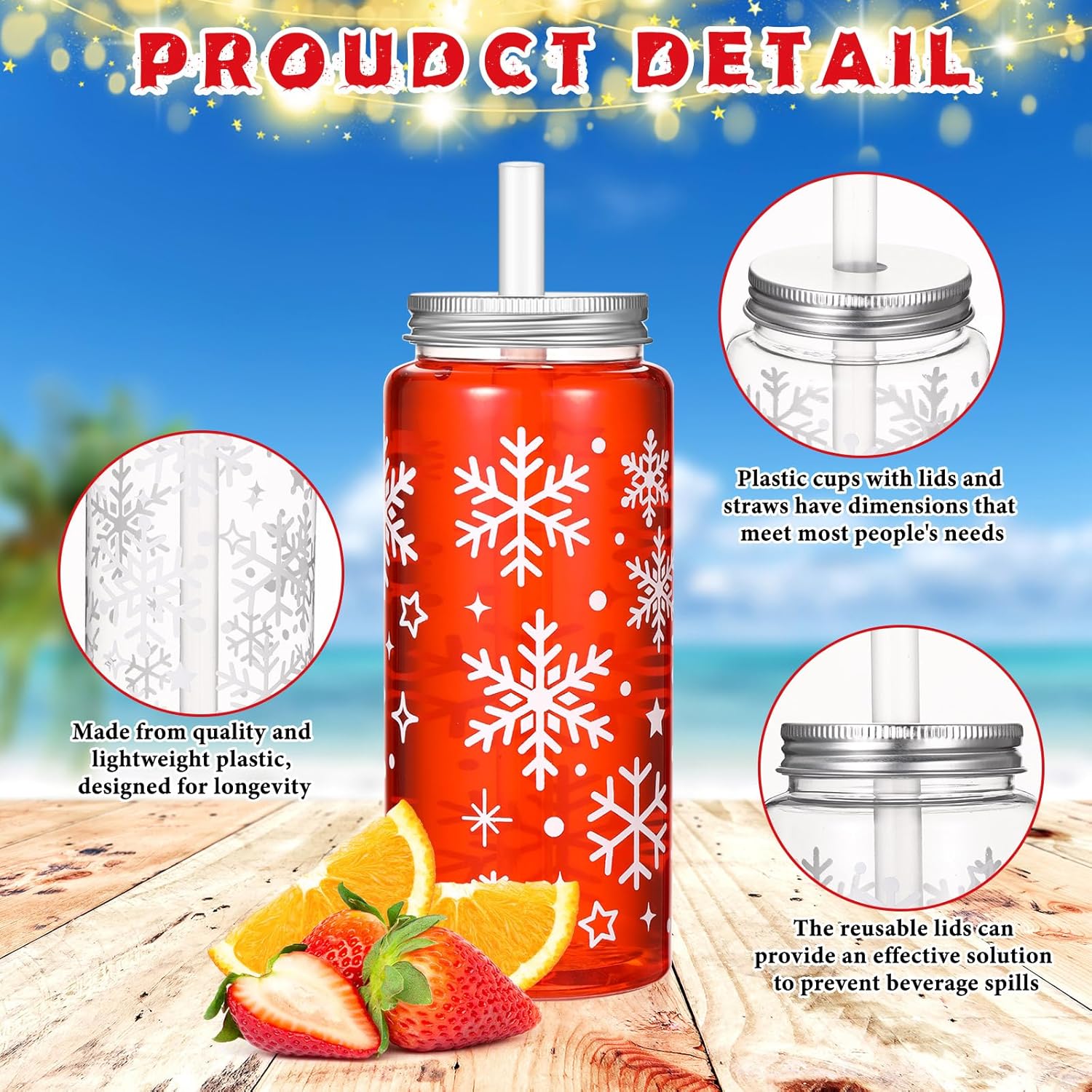 24 Pack Winter Reusable Cups Bulk 13.5 oz Plastic Cups with Lids and Straws Winter Drinking Holiday Set Reusable Party Coffee Jar Water Bottles for Party Drinks