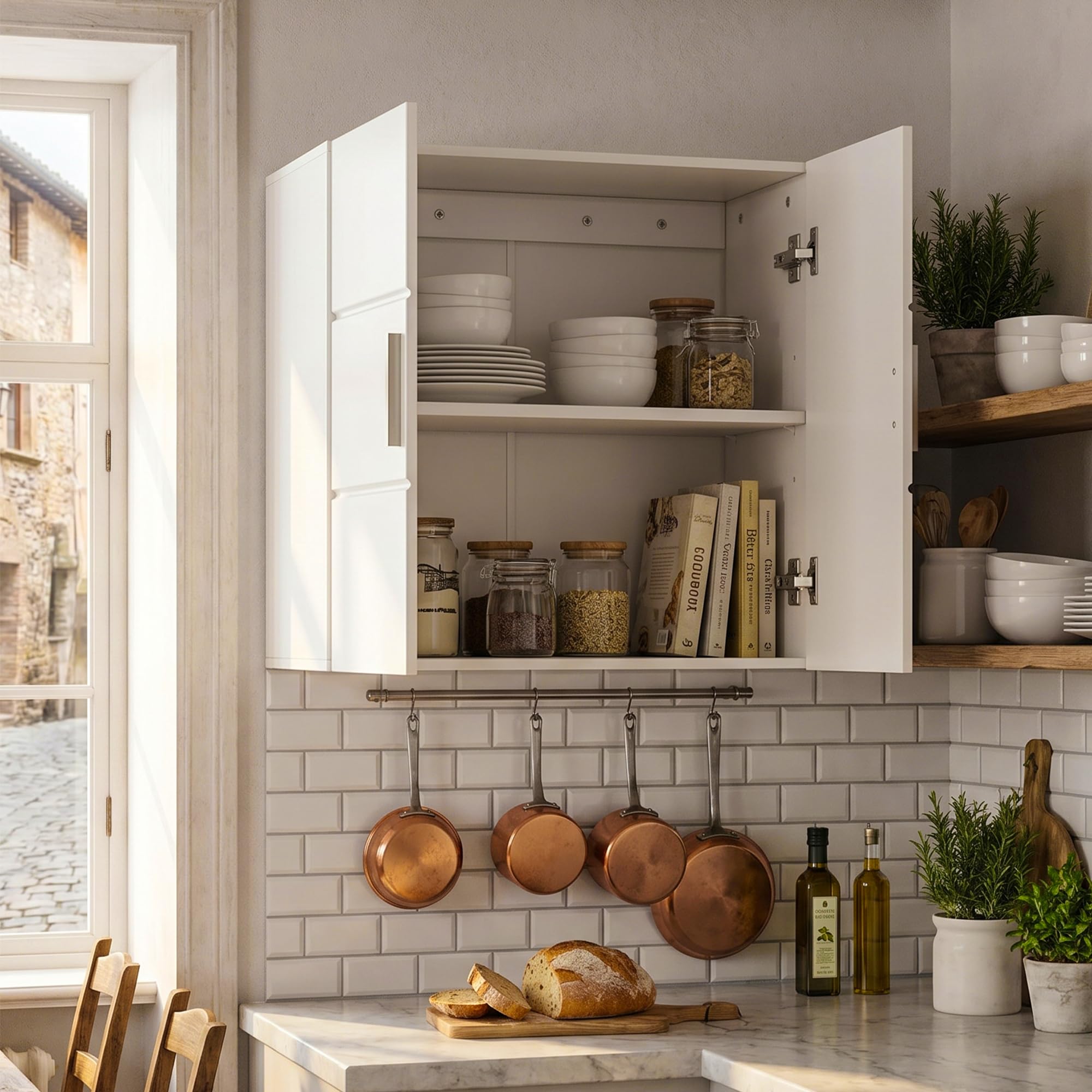 APICIZON Pensile Bagno 2 Ante, 60 × 31 × 60 cm, Bianco | Mobile bagno sospeso con ripiano interno regolabile, armadietto da parete per bagno, cucina, lavanderia o WC