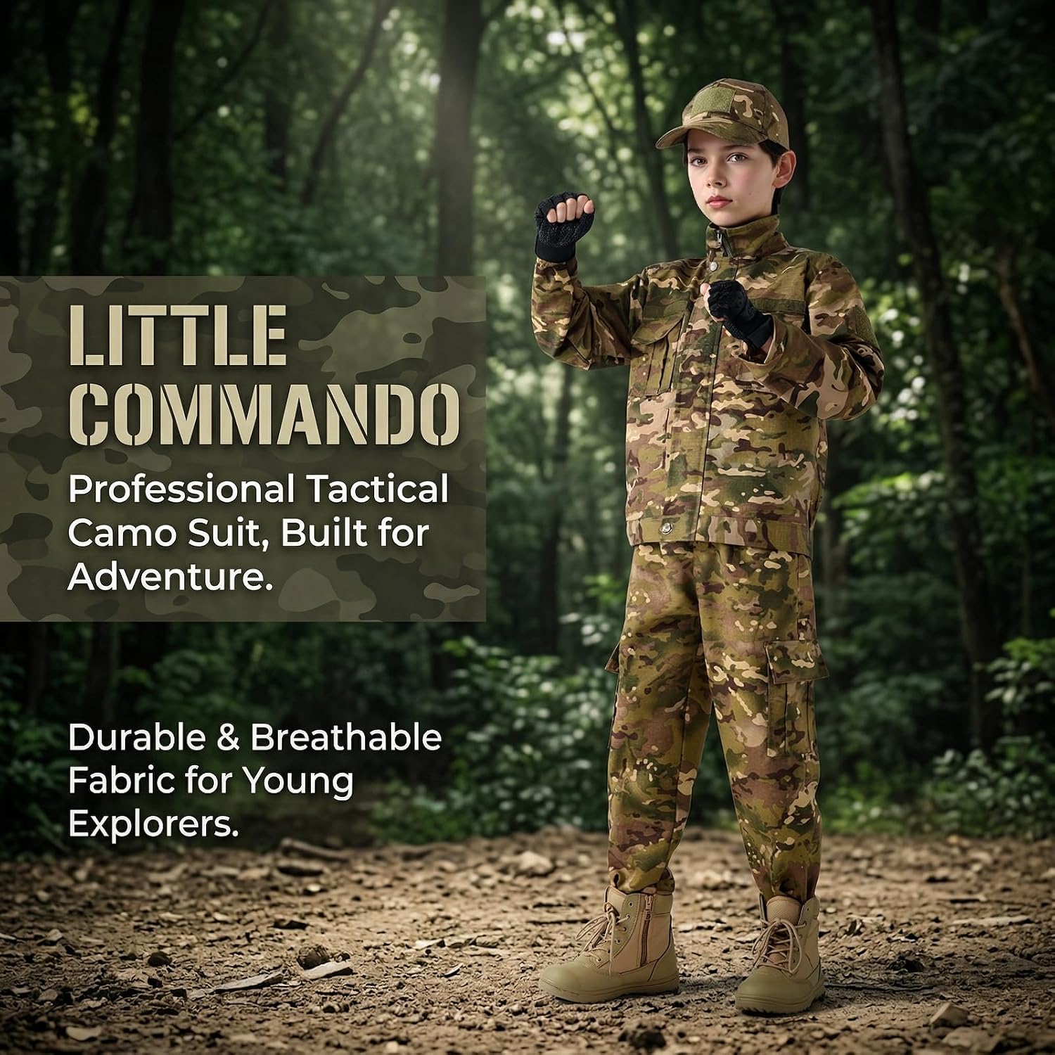 Klocerg Kids Tactical Camo 8-Pc Set, Boys Soldier Role Play Halloween Costume, Outdoor Army Uniform, Hat Belt Gloves Whistle