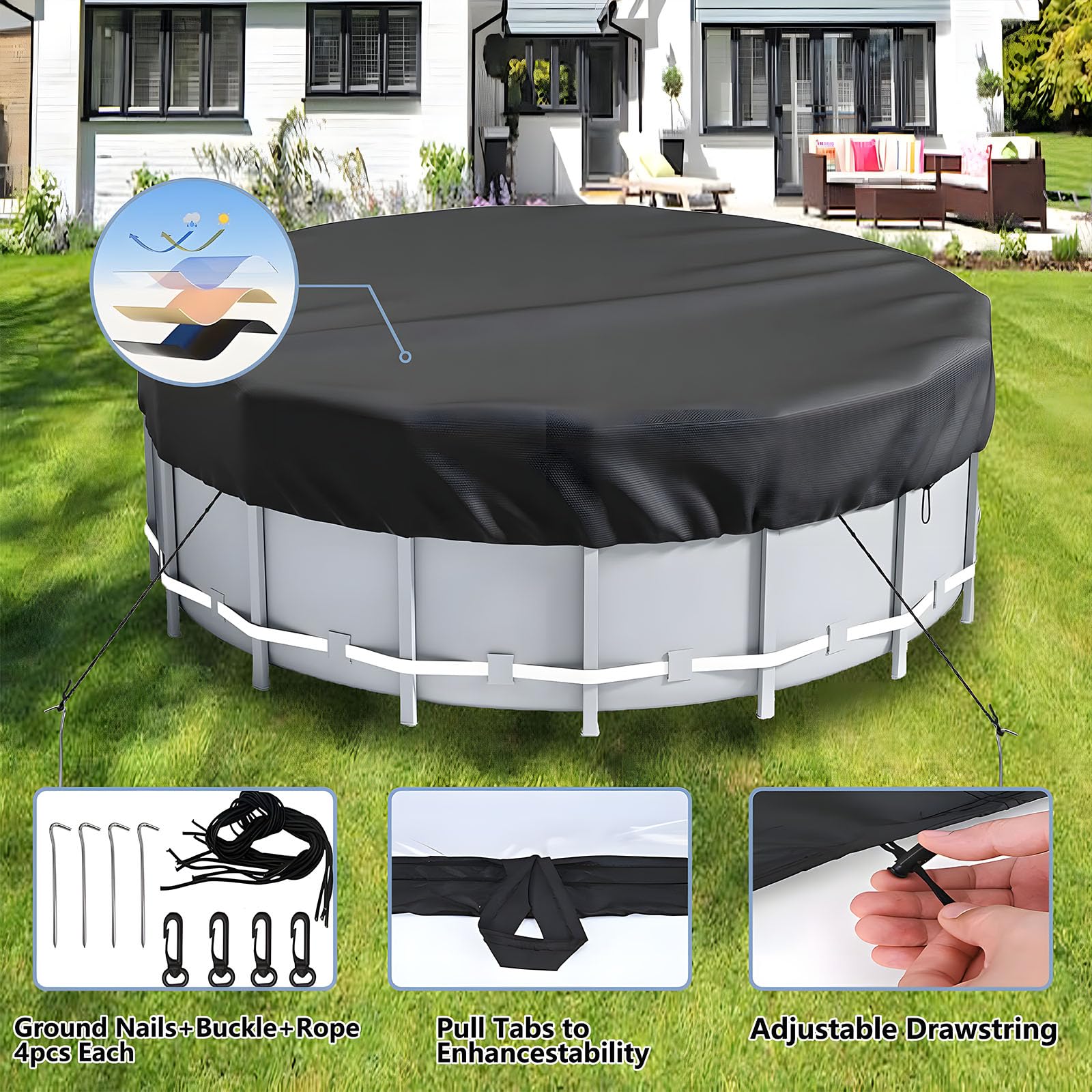 Copertura per piscina, resistente telo impermeabile Oxford, copertura estiva e invernale con tiranti, nero (1,82 m) | Leroy Merlin