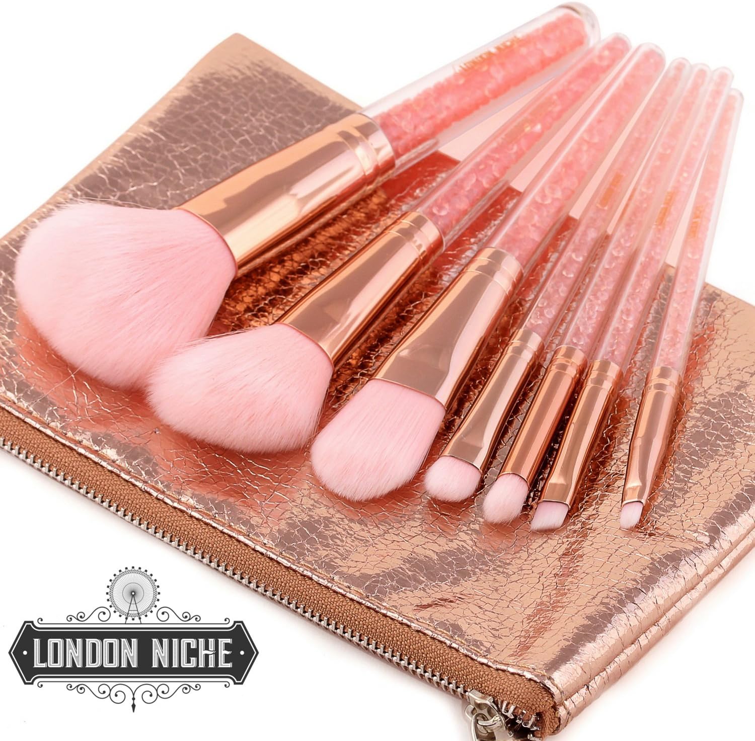 London Niche Makeup Brushes Pink Crystal Vegan & Cruelty-Free Essential 7 Make up Brush set with matching Gold Makeup Bag Foundation Blush Powder Eye Shadow Lip Liner & Blending Brush (7 Brush Set & Pouch)
