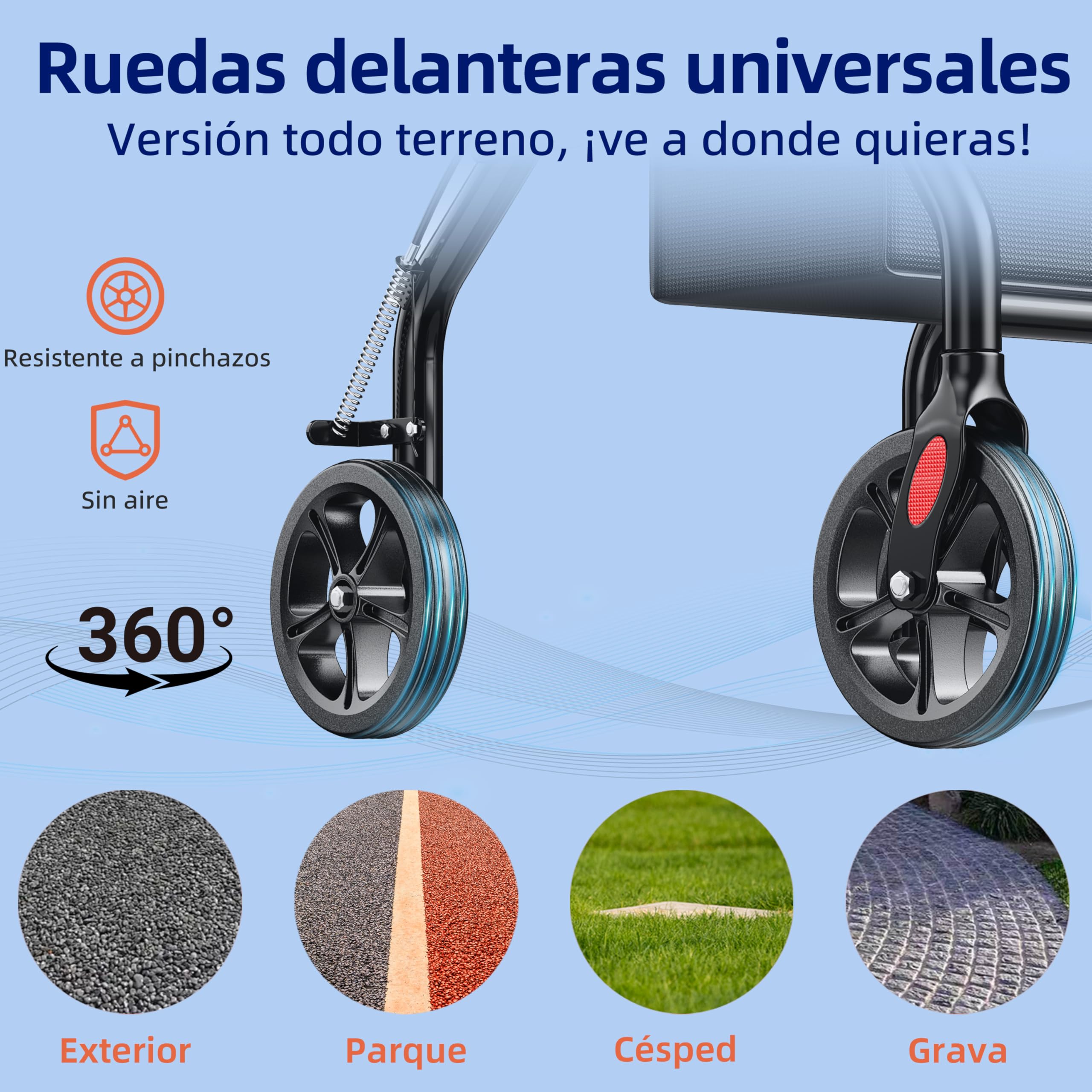 Andador plegable y ligero con asiento, Caminador de ruedas con frenos, Bolso, Ayuda para caminar plegable, Ruedas de goma grandes de 20 cm para todo el terreno. (DW4)