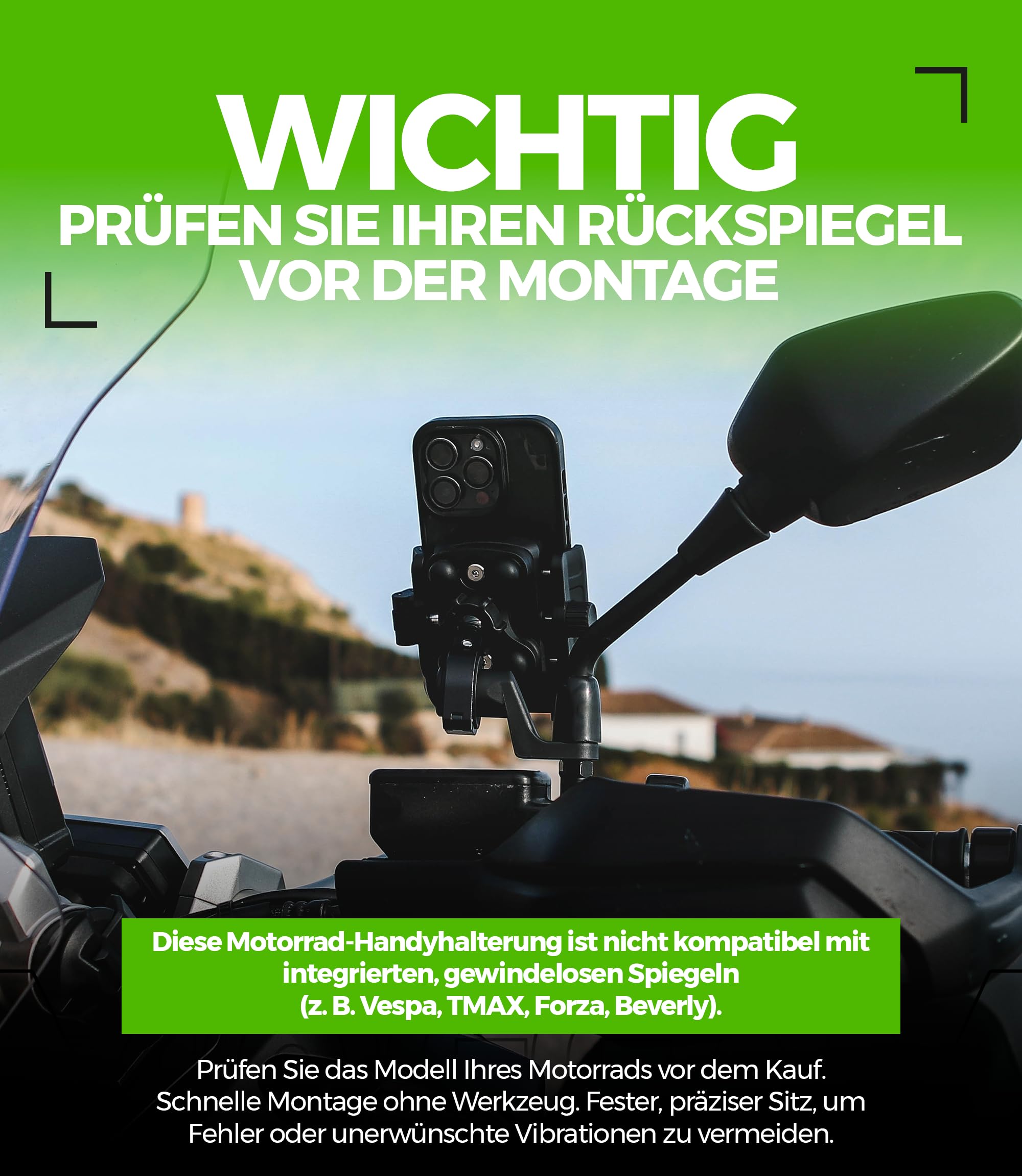 Handyhalterung Motorrad Antivibration CNC Aluminium Schnellverschluss Offenes Design Für Lenker 22-32mm & Rückspiegel 12-14mm Kompatibel Roller Fahrrad E-Scooter 360° Drehbar