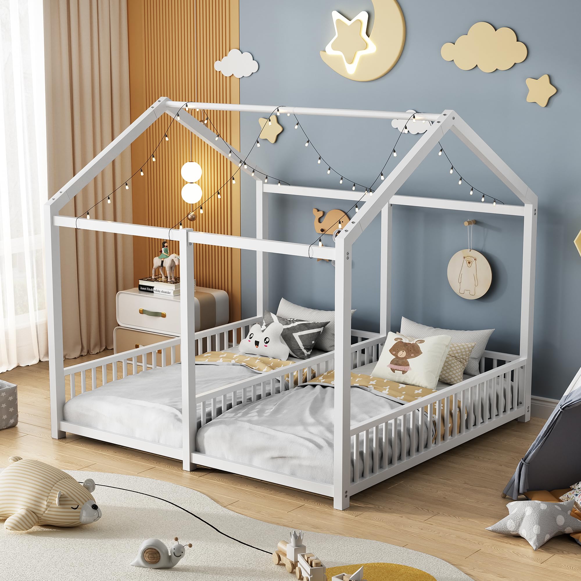 PVWIIK Double Montessori Floor Bed with Fence & Roof for Two Kids Teens Boys Girls,Twin Floor Bed,Easy Assemble,No Box Spring Needed, White