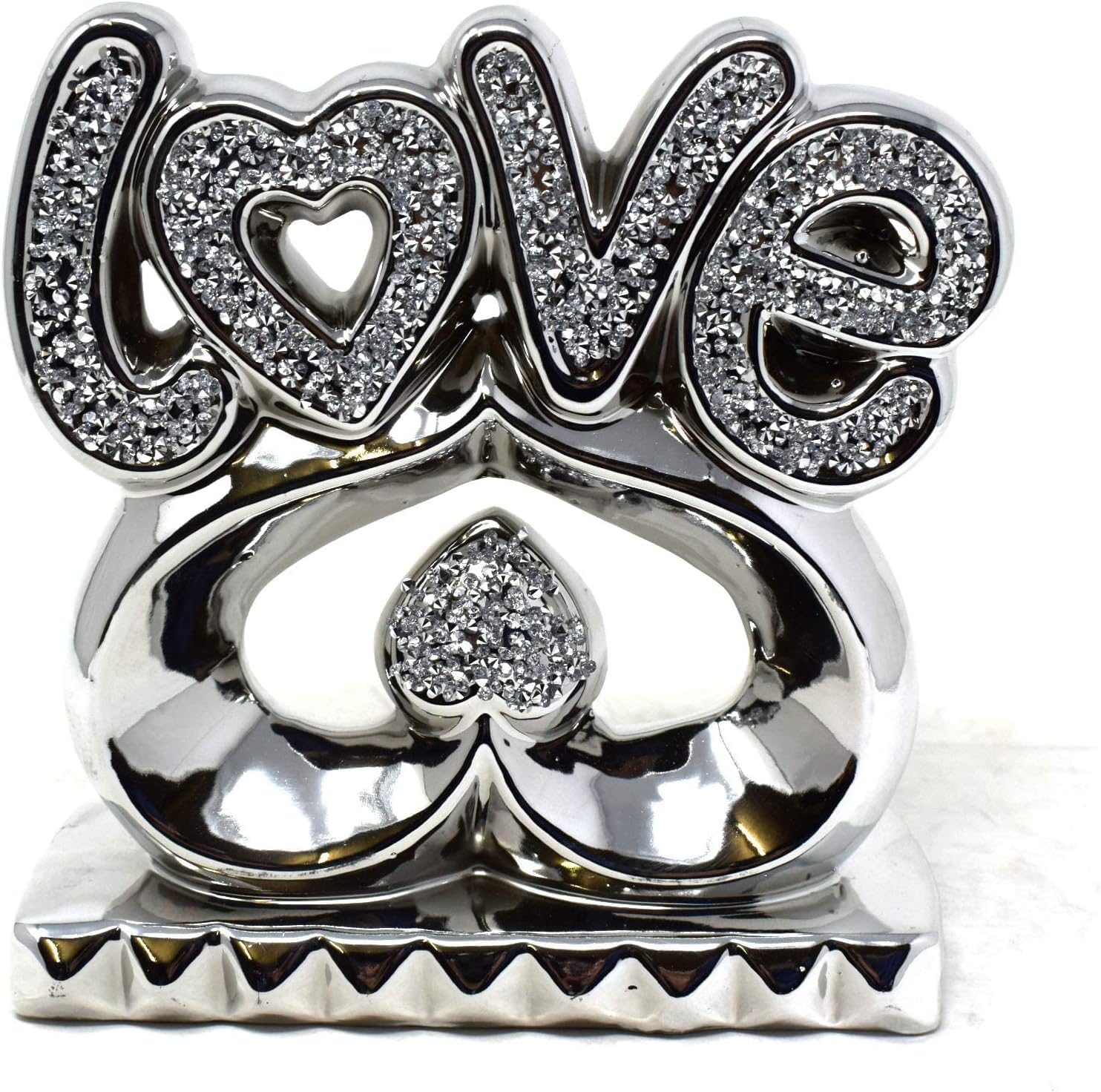 Jayogla Love On Heart Handmade Silver Crushed Diamond Love Sign Ceramic Ornament - Elegant Home Decor With Bling Sparkle