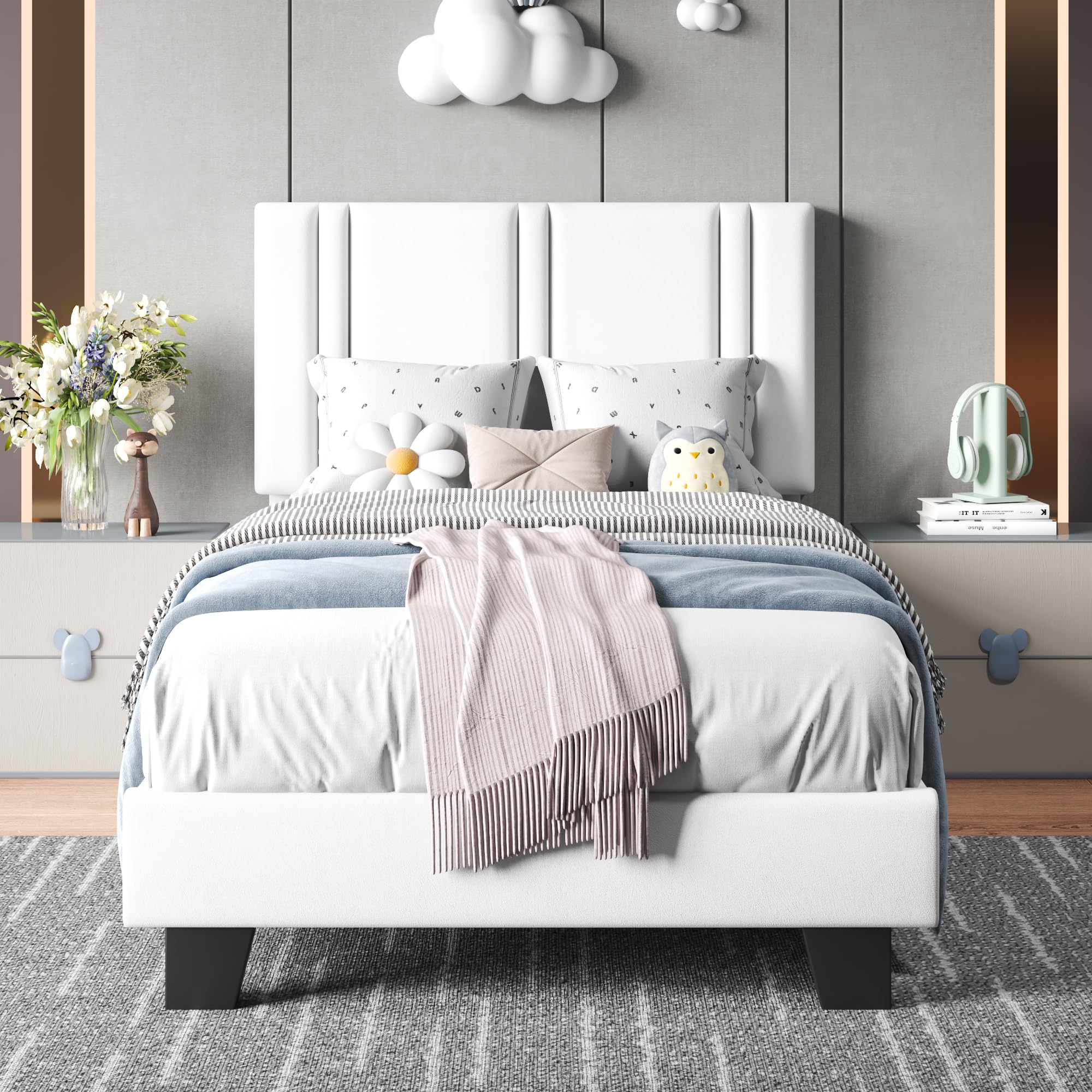 Einhomn Upholstered Twin Size Bed Frame with Velvet Fabric Headboard, Strong Wooden Slats Support, Noise Free, No Box Spring Needed, White