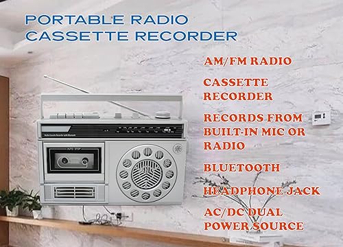 Miniatura 2 de HANNLOMAX HX-601K Grabadora de casete de radio AMFM portátil con Bluetooth, grabaciones desde micrófono o radio incorporado, conector para