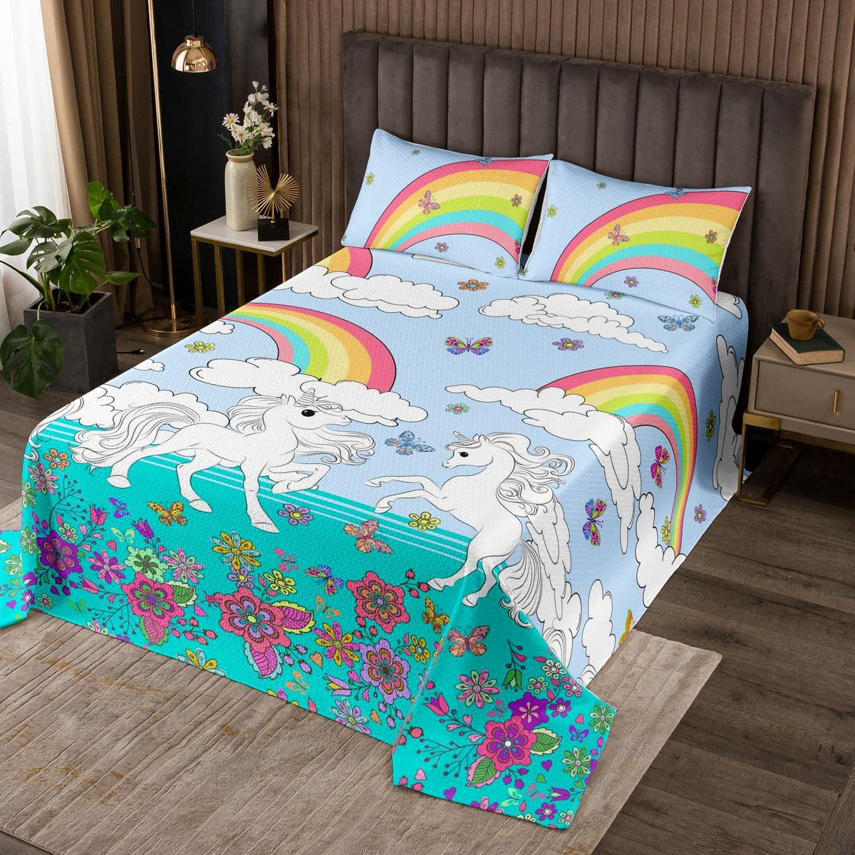 Copriletto Unicorno Per Bambine - Trapuntato 230x220 Cm Con Federe, Tema Principessa, Microfibra Morbida, Rosa