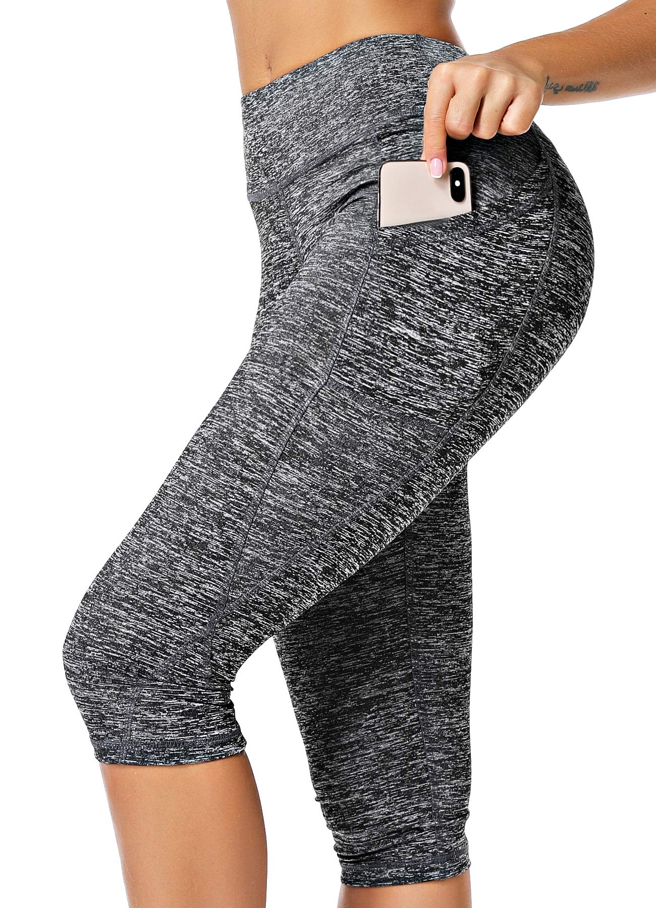 INSTINNCT Damen Doppeltaschen Sport Leggings 3/4 Yogahose Sporthose Laufhose Training Tights mit Handytasche