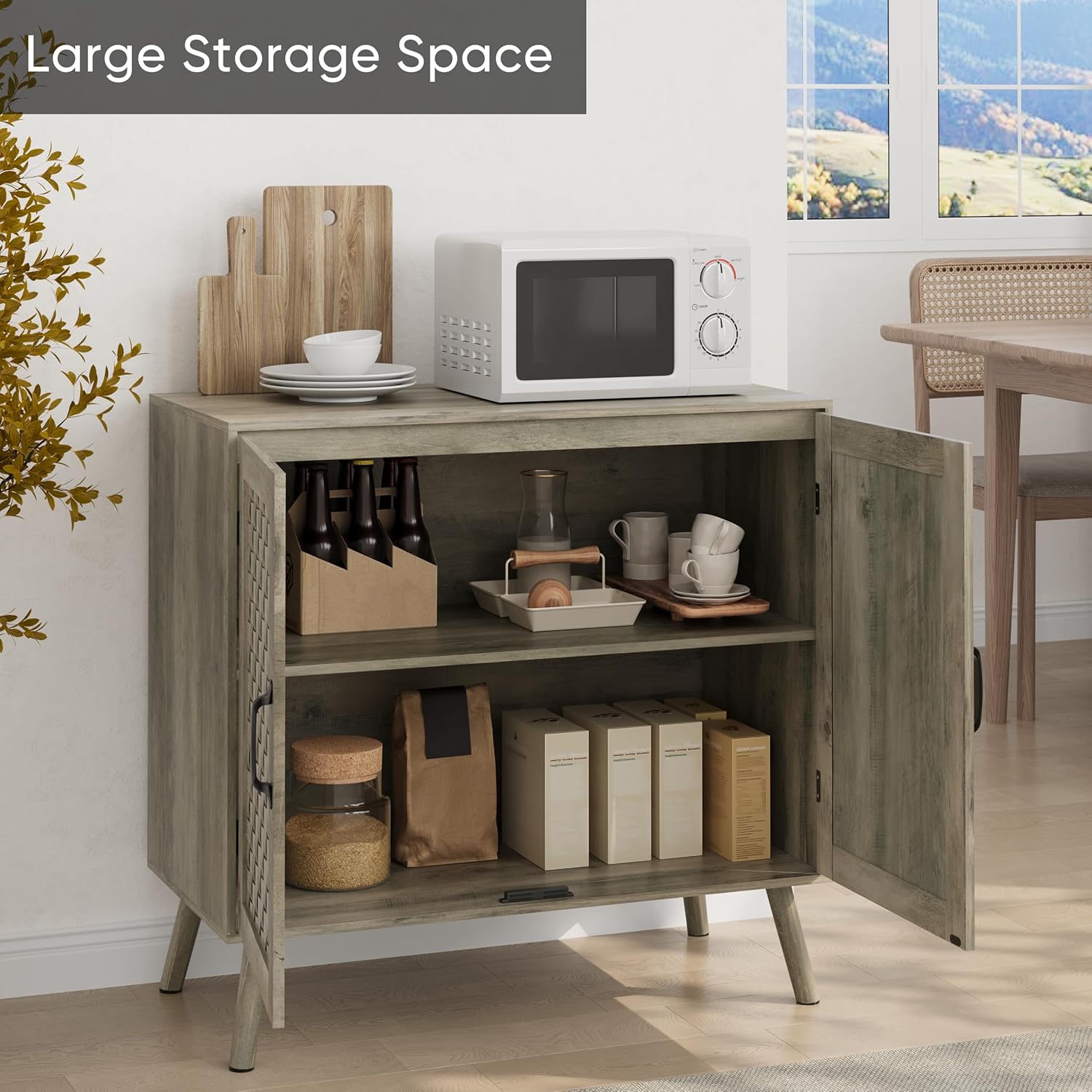 Smuxee Wood Sideboard, Freestanding Buffet Cabinet with 2 PVC Rattan Doors, Storage Cabinet with Adjustable Shelf for Living Room, Entryway, Hallway