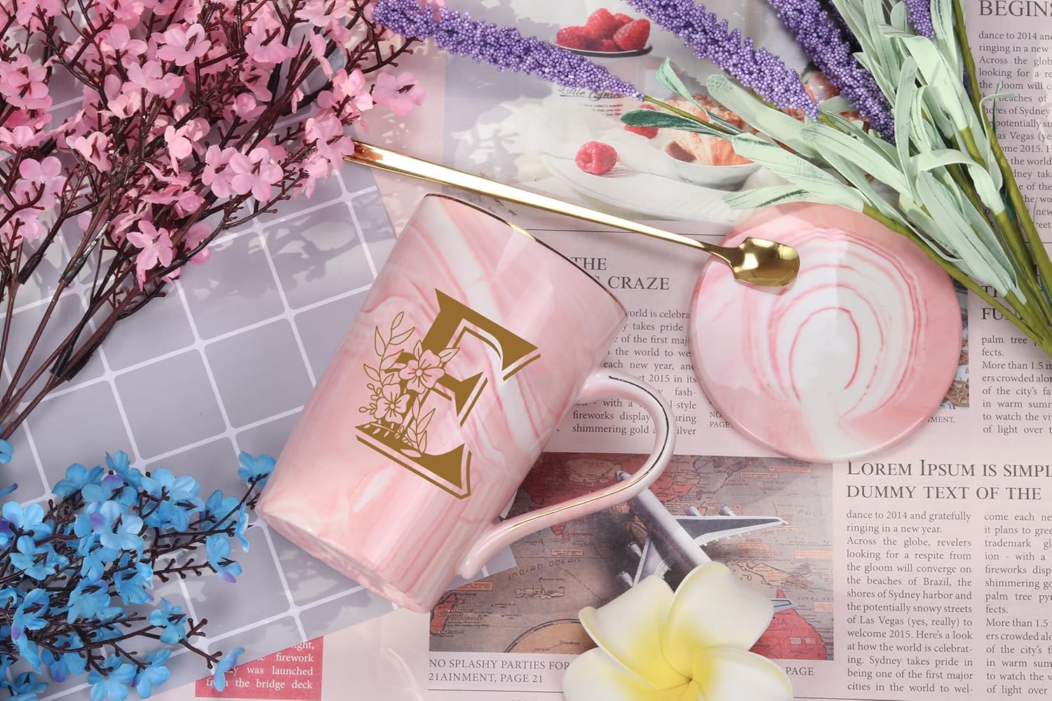 Letter E Personalized Initial Mugs with Flower, Letter E Personalized Novelty Coffee Mug, Novelty Letter Coffee Mugs for Women, Bridal Shower Gifts, Women's Initials Gifts Coffee Mug 14 Ounce Pink - Image 2