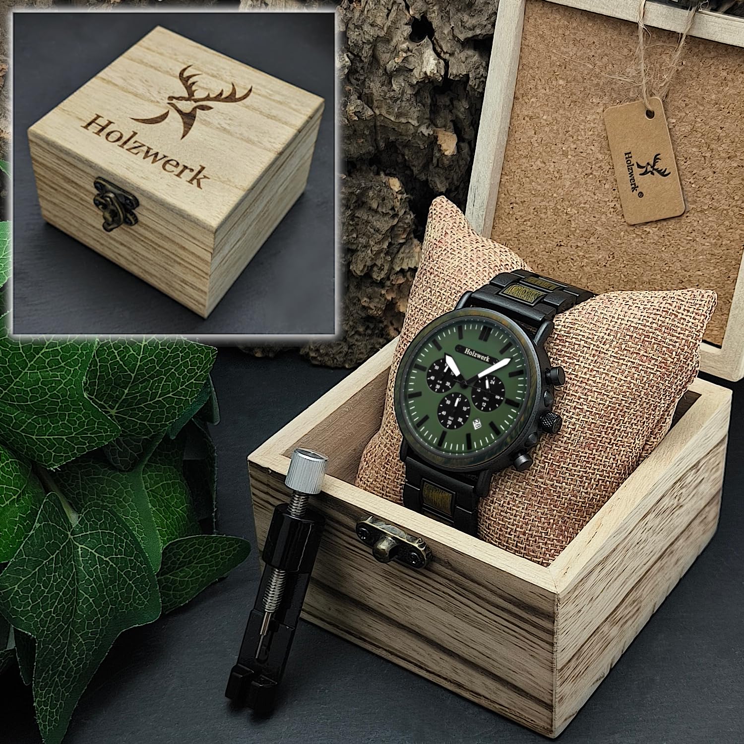 Holzwerk Germany Ręcznie wykonany designerski zegarek męski ekologiczny naturalny drewniany zegarek chronograf bransoletka zegarek analogowy zegarek kwarcowy zielony brązowy czarny data drewno,