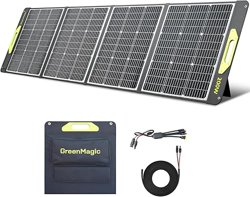 Greenmagic - Panel solar portátil de 200 W, panel solar plegable de 200 W, ligero con soportes para el hogar, camping, barco, cobertizo, granja,