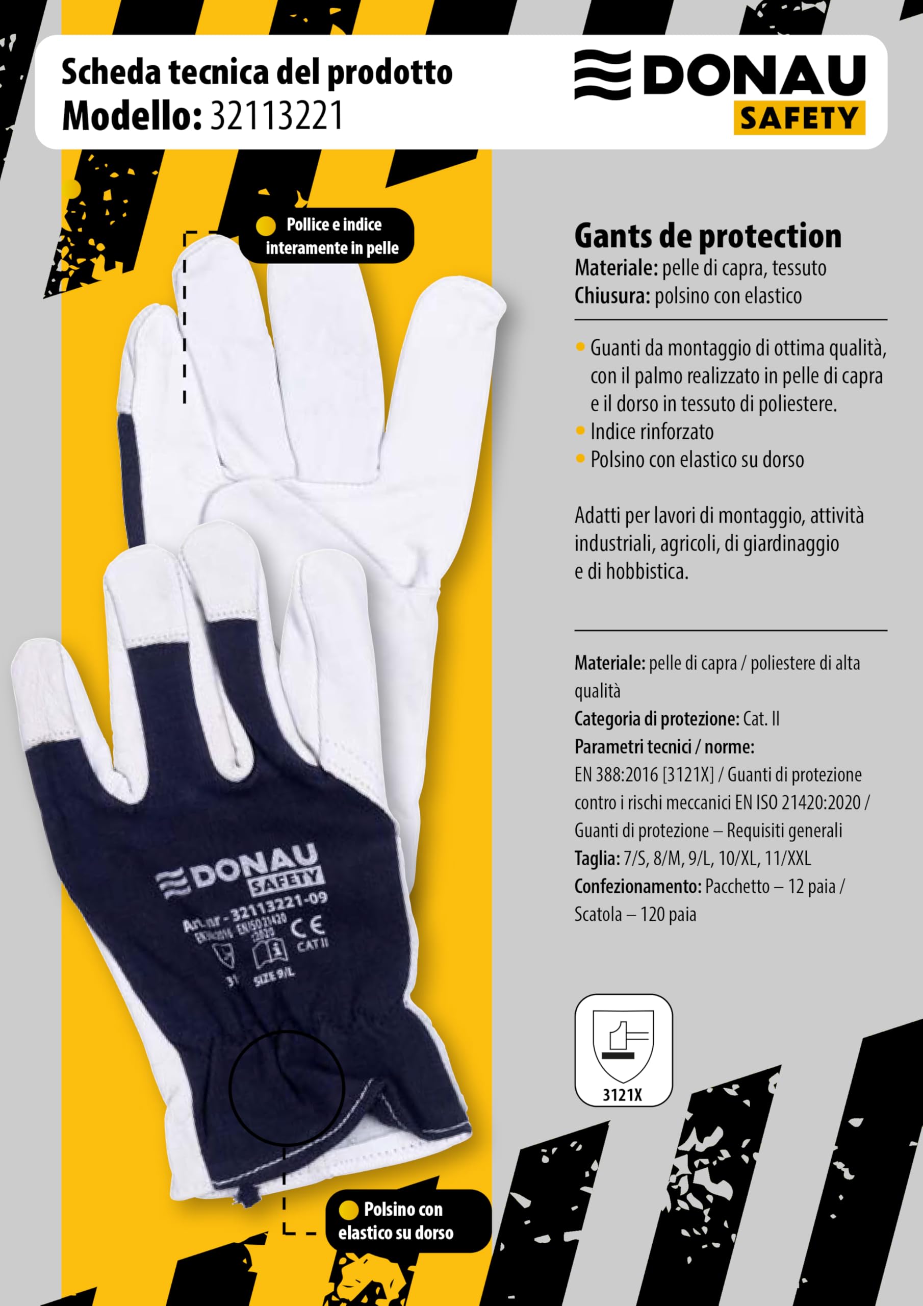 DONAU SAFETY Skórzane rękawice robocze z elastycznym nadgarstkiem/rozmiar 8 M/1 para/biało-ciemnoniebieskie/rękawice montażowe/miękkie i wygodne rękawice ochronne ze skóry koziej i tkaniny