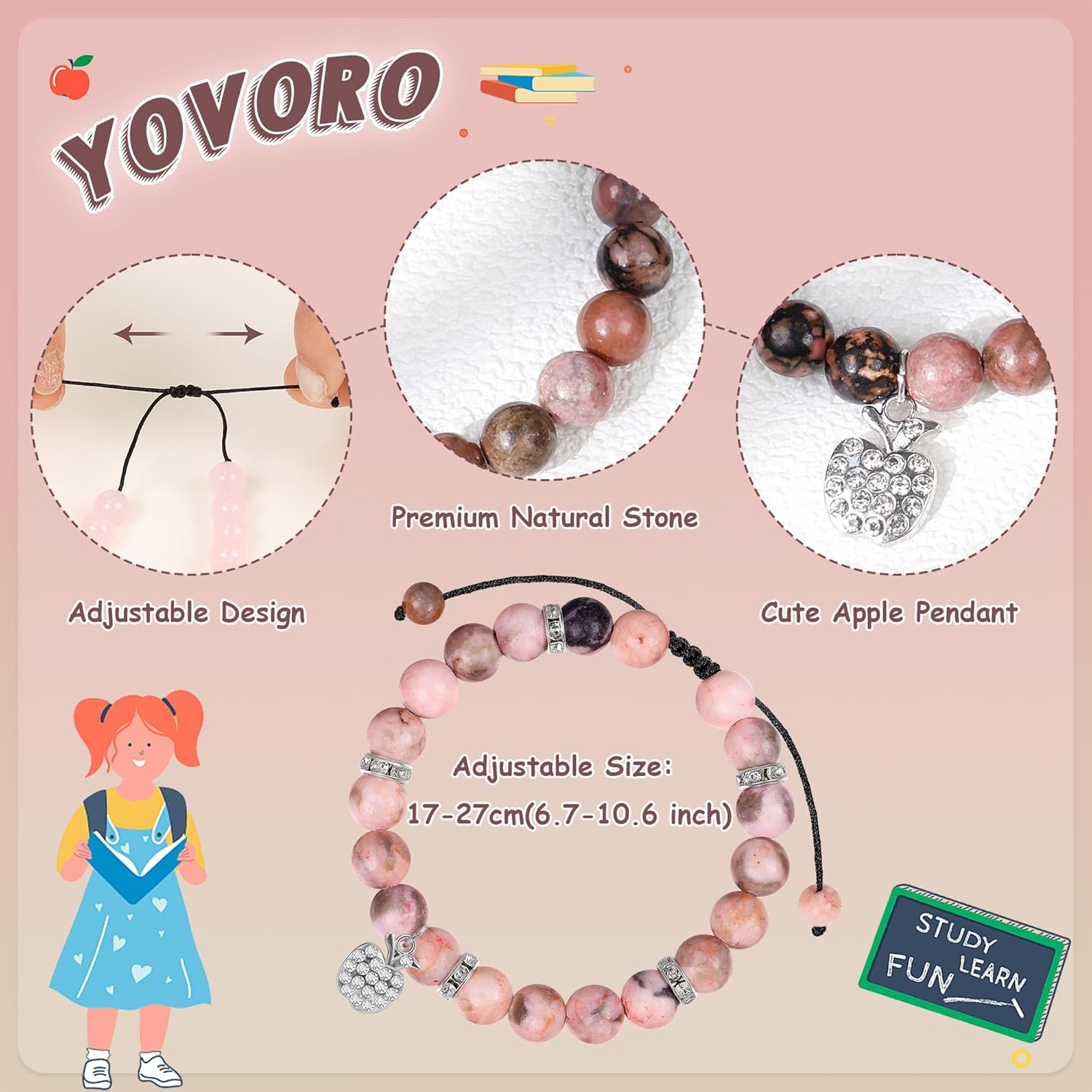 6Pcs Teacher Appreciation Gift Women Natural Stone Bracelet Beaded Braided Rope Bracelet Gift for Teacher with Meaningful Card Thank You Teacher Gift - Image 3