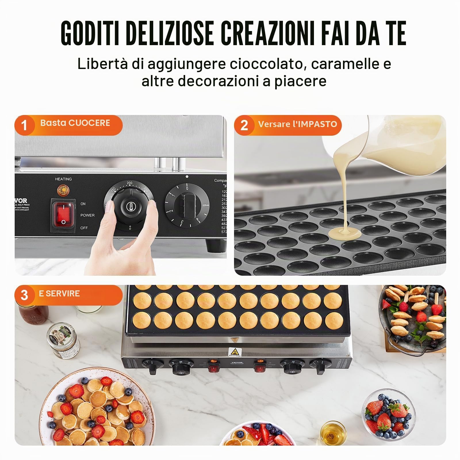 VEVOR Macchina per mini pancake olandese da cucina uso commerciale, 50 Pezzi, Diametro 43 mm, Macchina per mini dorayaki, 1700 W, Controllo di Temperatura Tempo, per Cucina commerciale feste evento