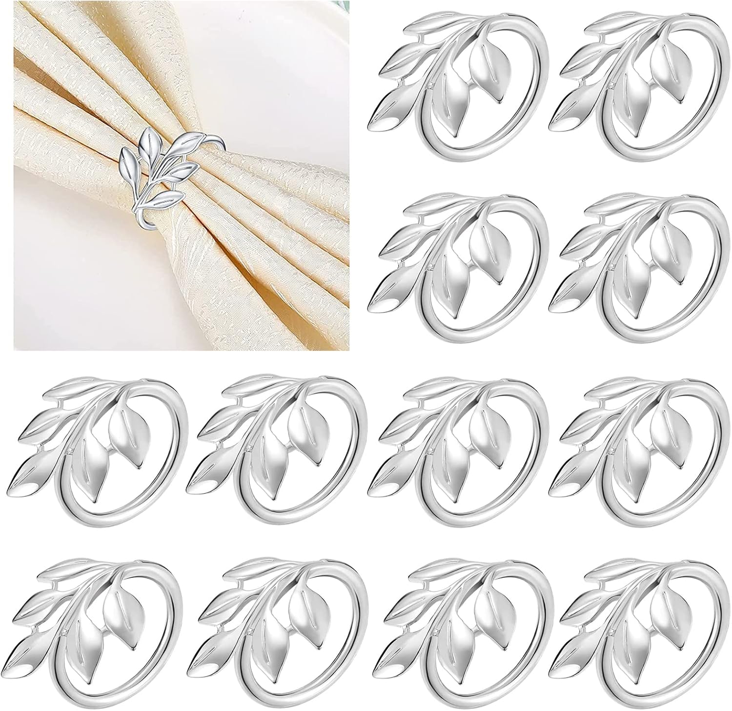 Napkin Rings Set of 12 - Silver Leaf Napkin Ring Holders for Christmas, Party, Holiday, Dinner Decor Favor : Home & Kitchen