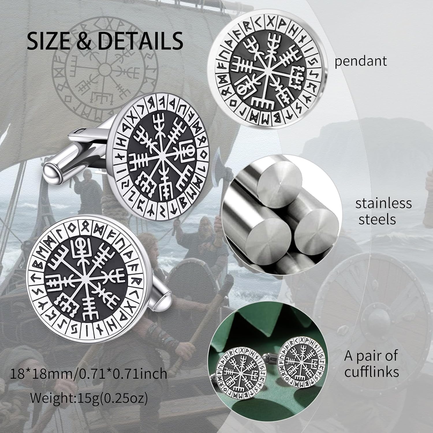 Mens Cufflinks, Norse Viking Tuxedo Cuff Links, Stainless Steel Viking Compass Vegvisir Rune Shirt Studs Mythology Jewelry Gift for Business Wedding