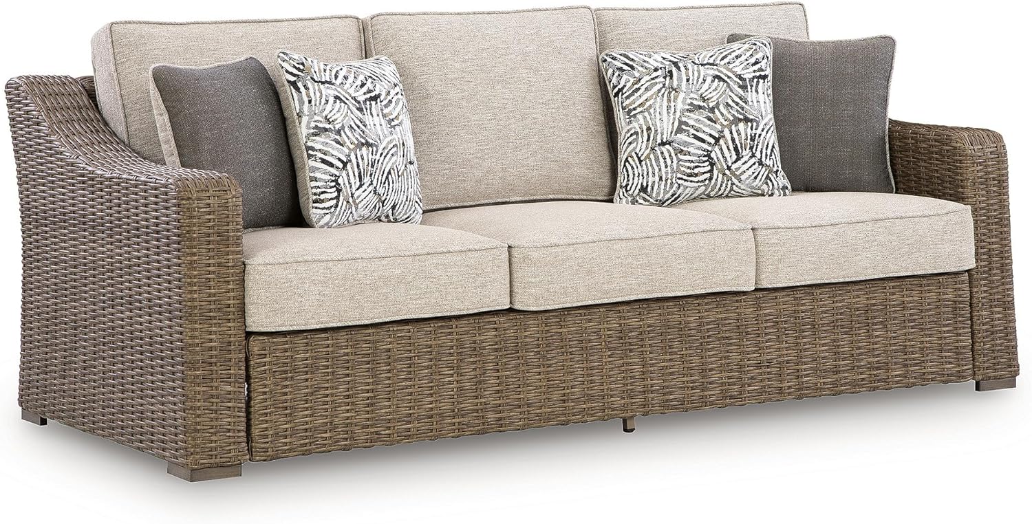Signature Design by Ashley Carmel Bay Casual Outdoor Sofa with Cushion, Weather Resistance and Armrest, Beige & Dark Brown