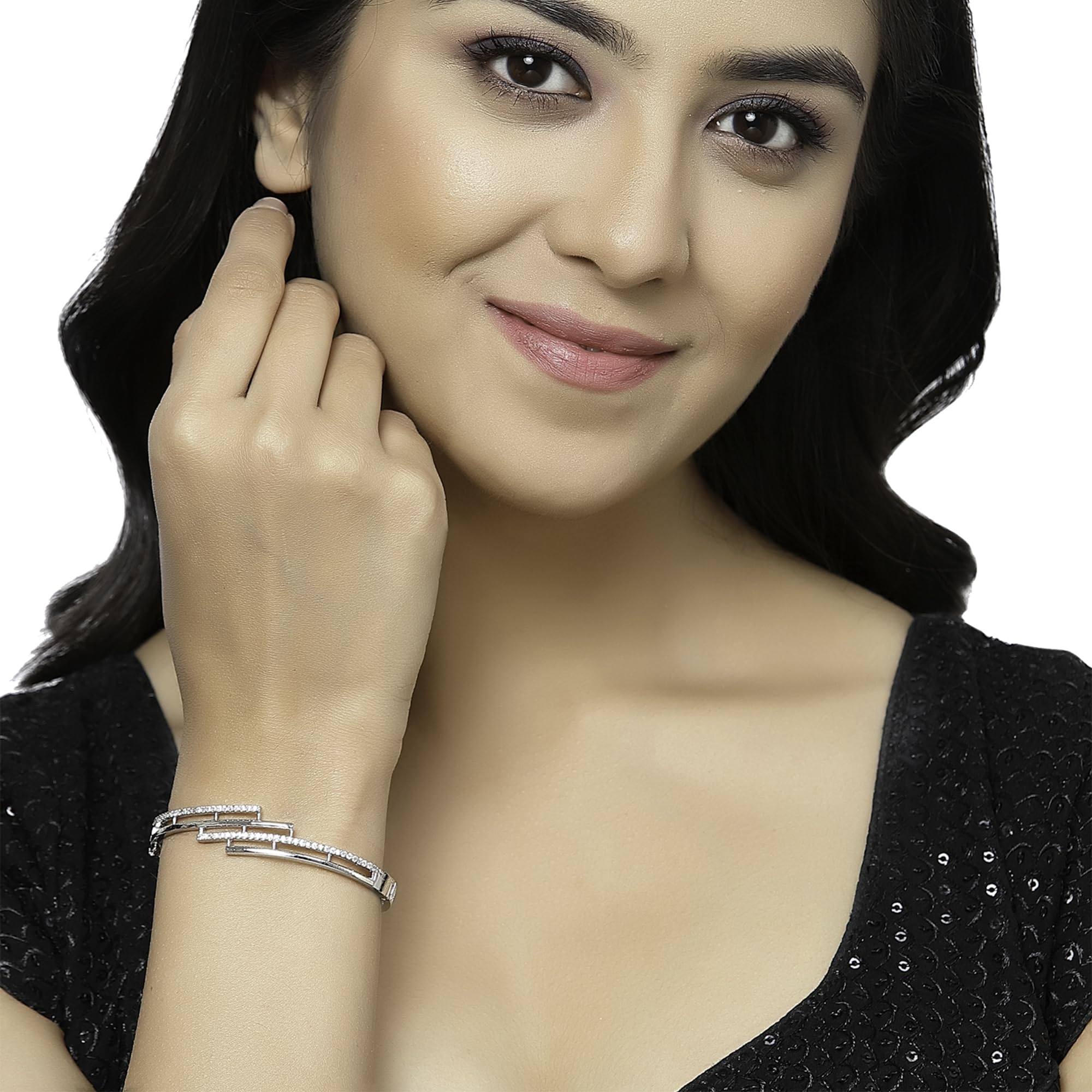 Rhodium-Plated American Diamond Studded Kada Bracelet (Design1)