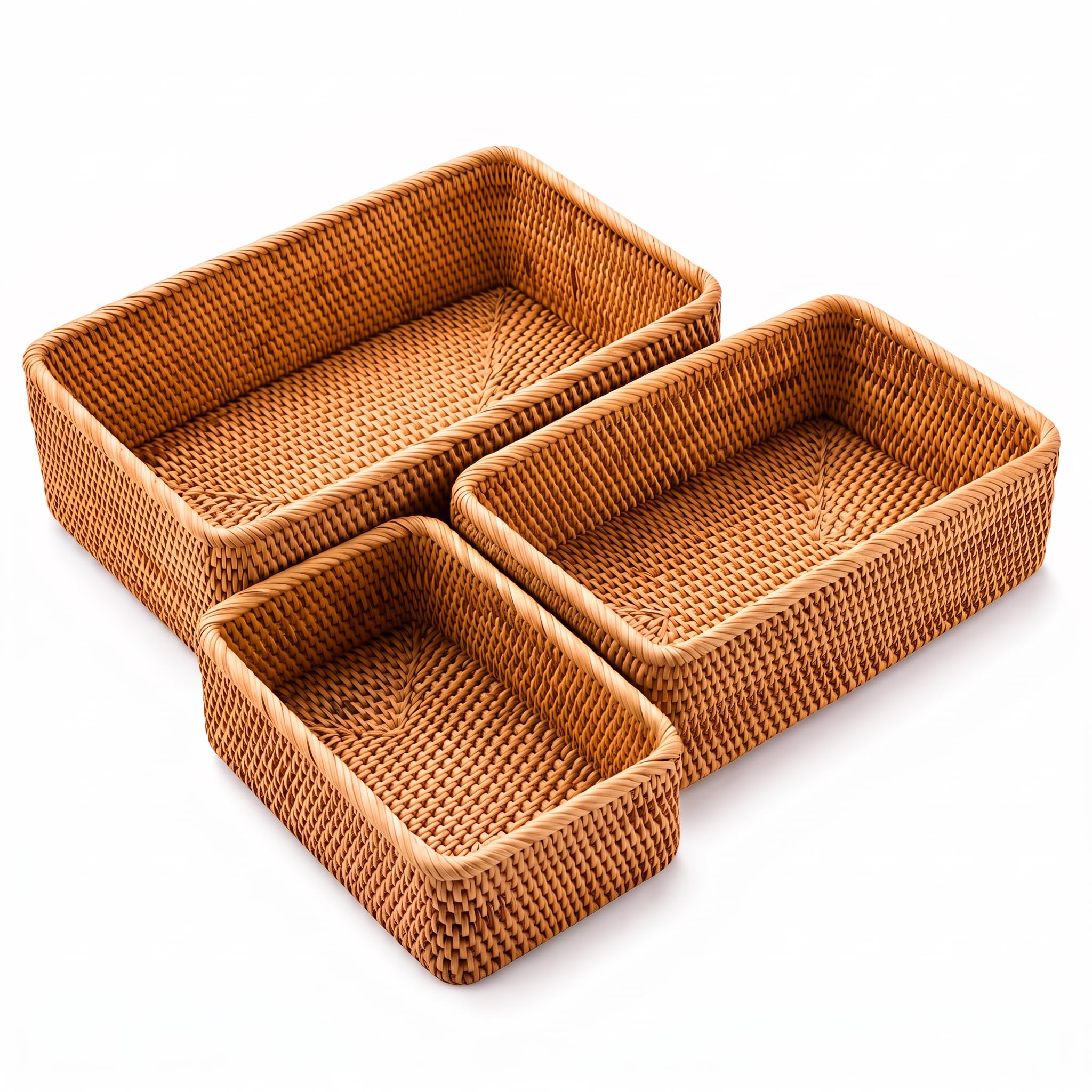 ZENFUN 3er-Pack Rechteckige Rattan Aufbewahrungskörbe, Flache Weidenkörbe für Die Dekoration, Handgefertigte Geflochtene Nesting Brotkörbe zum Organisieren, Servieren, für Küche, Zuhause, 3 Größen
