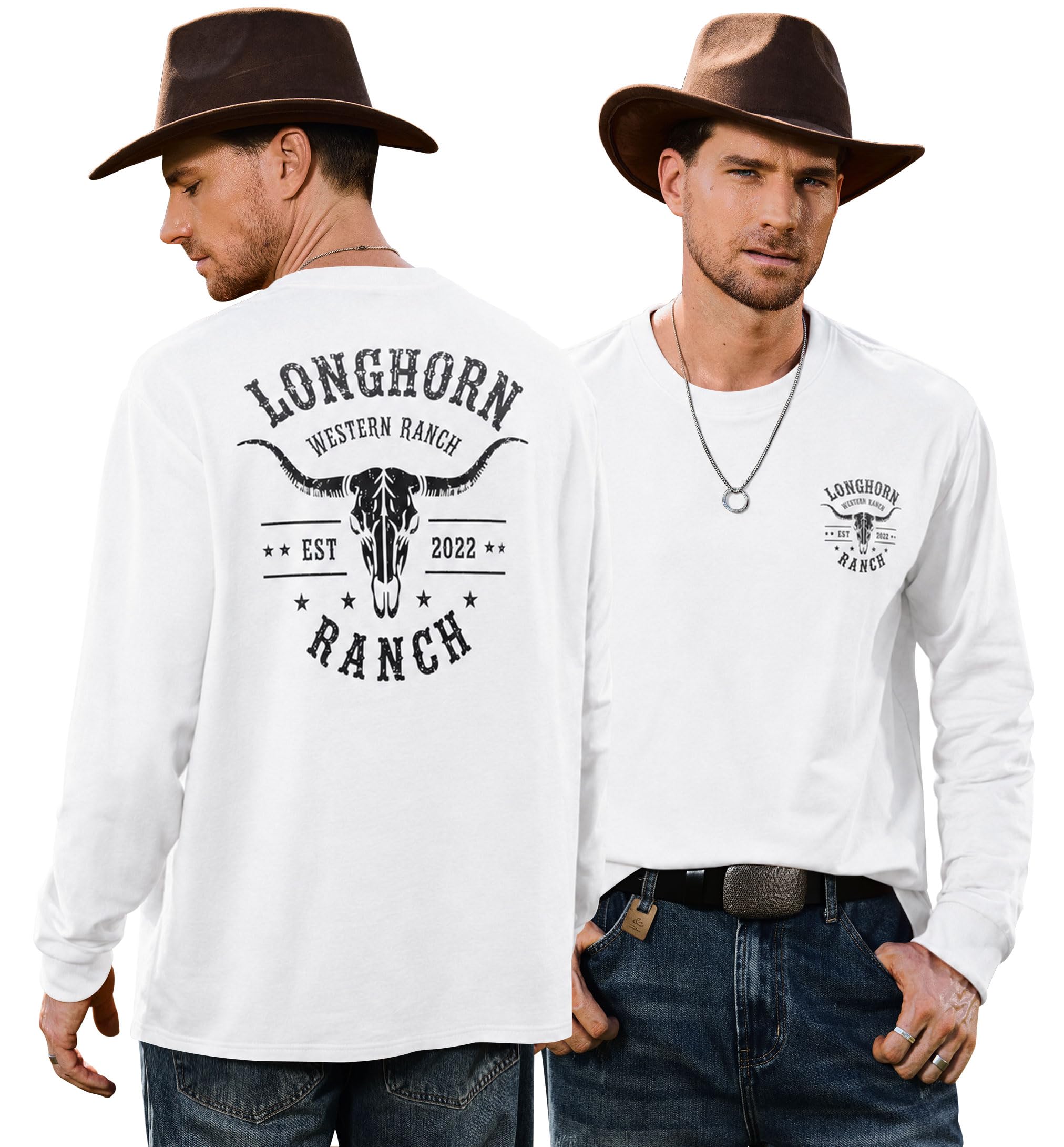 Mens Western Graphic Long Sleeve Tshirt Oversized Cowboy Tee