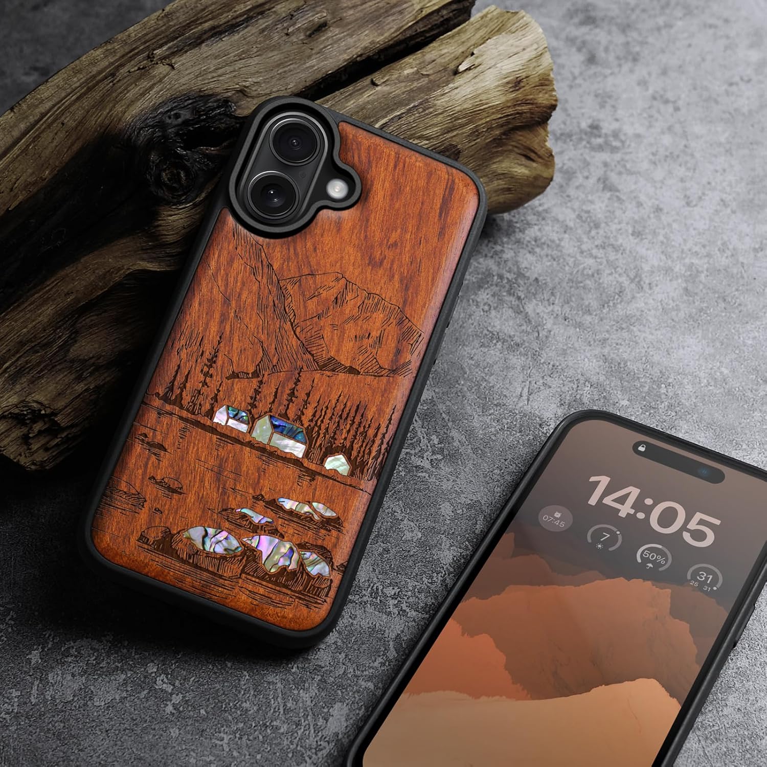 Carveit Magnetic Case for iPhone 16 Plus Case, Wood Artisan Engraved & Handmade Shell Inlaid, TPU Shockproof Cover, Compatible with MagSafe Wireless Chargers (Lakes and Mountains) Rosy
