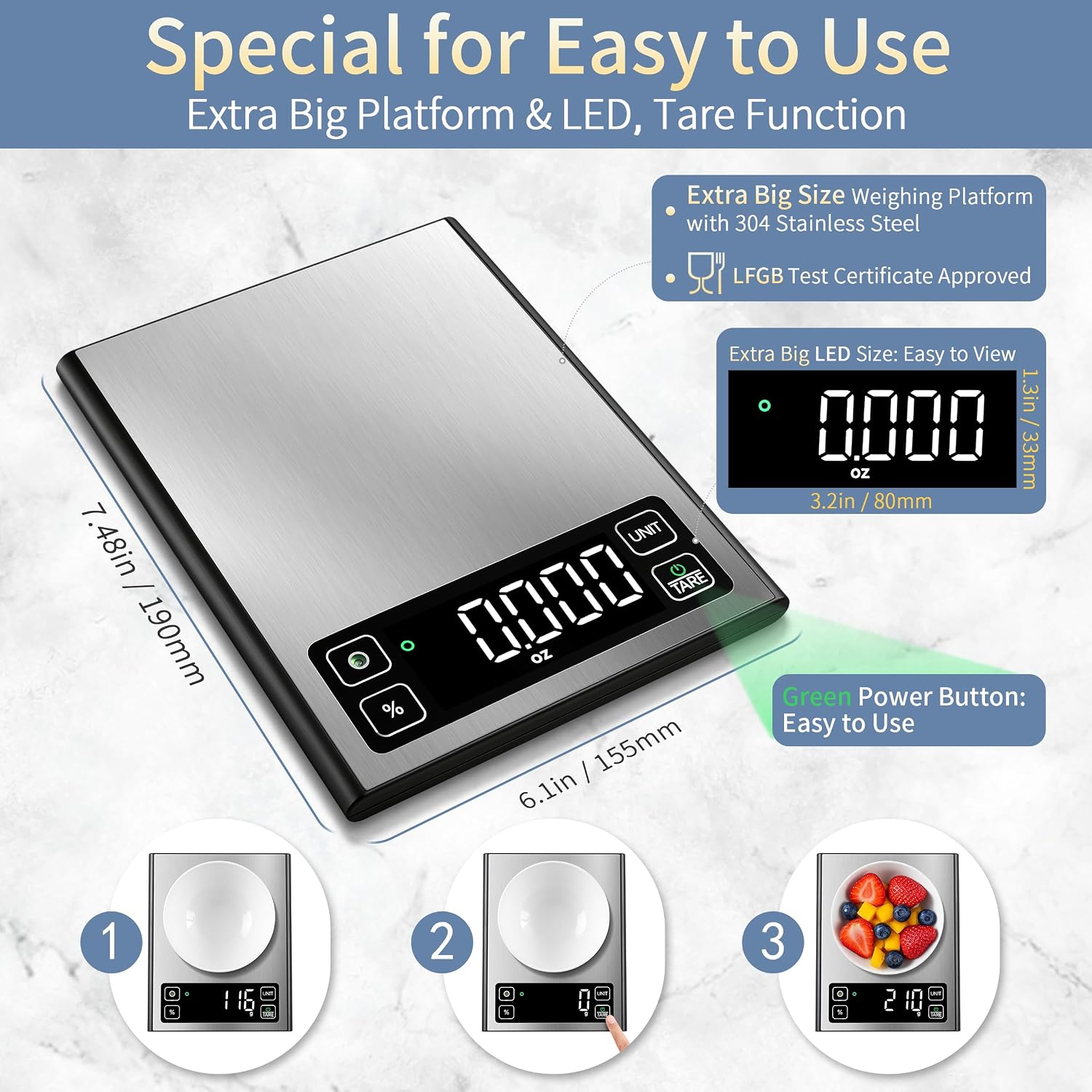 Homebuds 22lb Digital Food Scale Precision 0.1oz/1g, Kitchen Scale Big LED